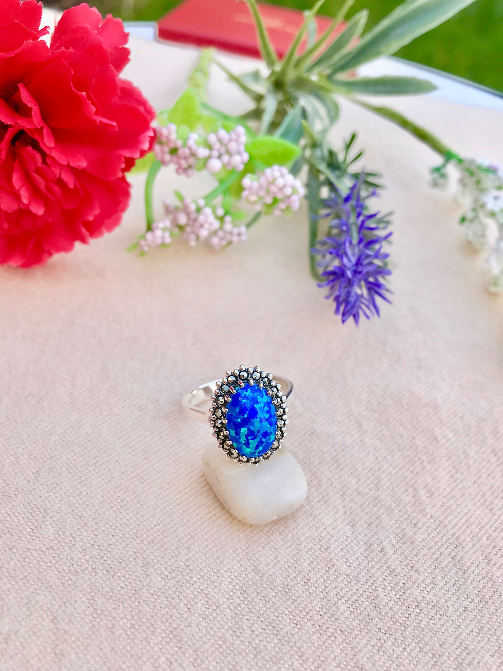 Thumbnail: White Opal Sterling  Silver Marcasite Ring,Gift for her, vintage jewelry, ireland, birthday ring