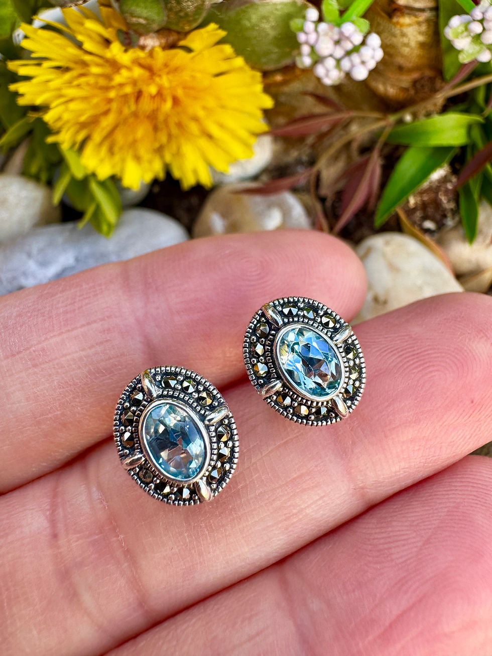 Thumbnail: Women Oval cut Blue Topaz Sterling Silver Marcasite Stud Earrings,Irish marcasite jewllery, gift for her, birthday, Christmas