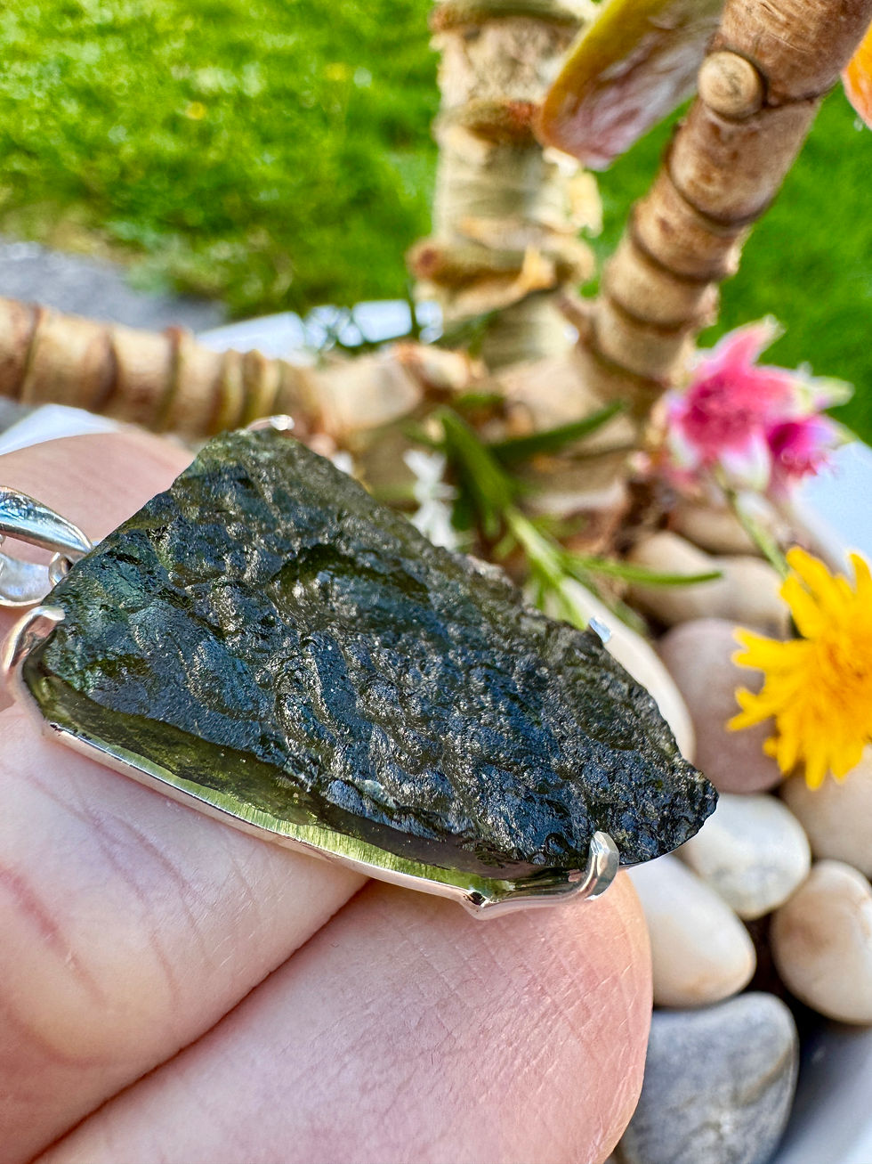 Thumbnail: Genuine Extra Large Chlum Moldavite Sterling Silver Necklace at Silver Fountain Jewelry Dublin
