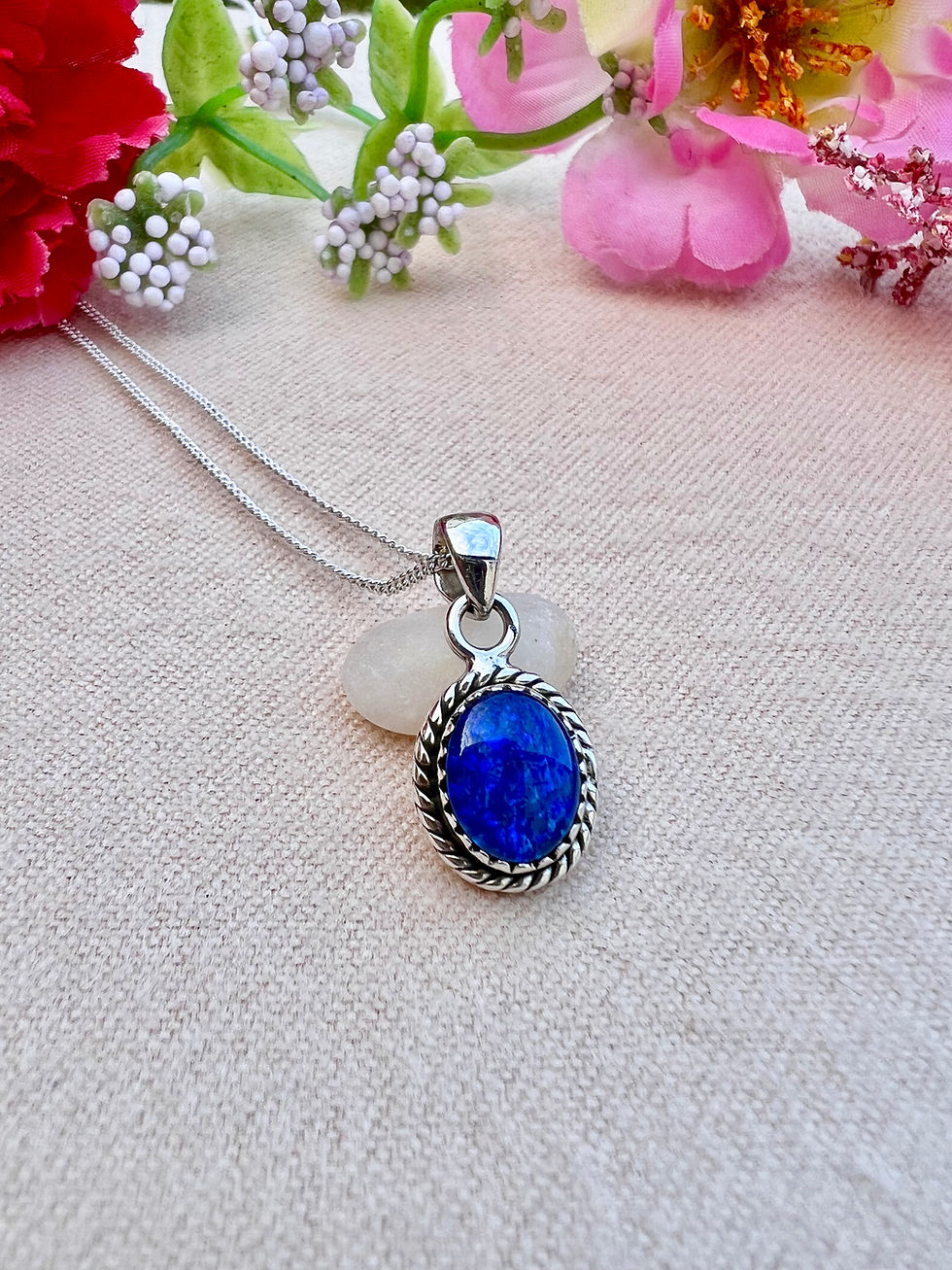Thumbnail: Oval Natural Blue Australian doublet Opal Sterling Silver Necklace,Ireland