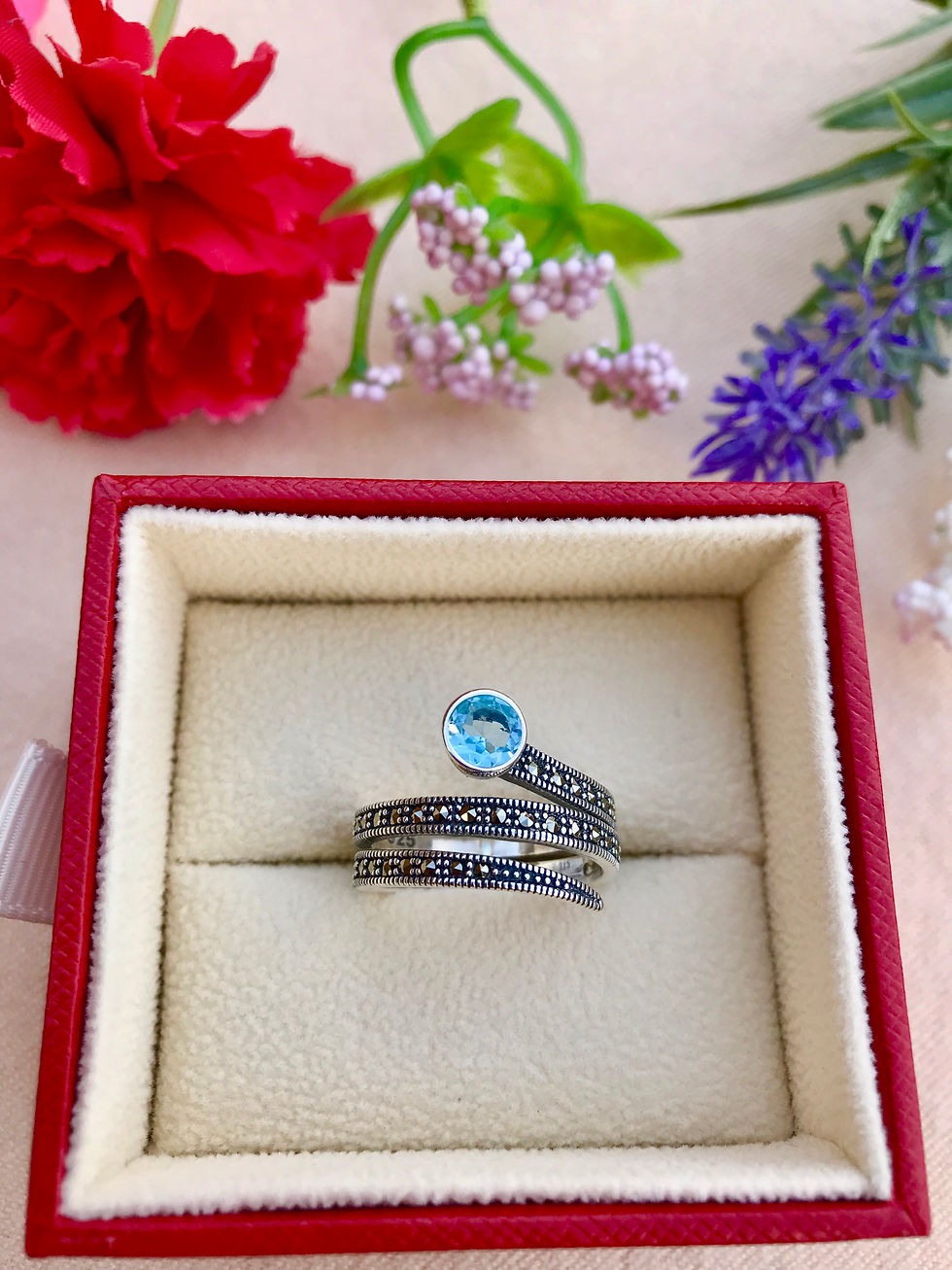 Blue Topaz Marcasite Sterling Silver Swirl Ring