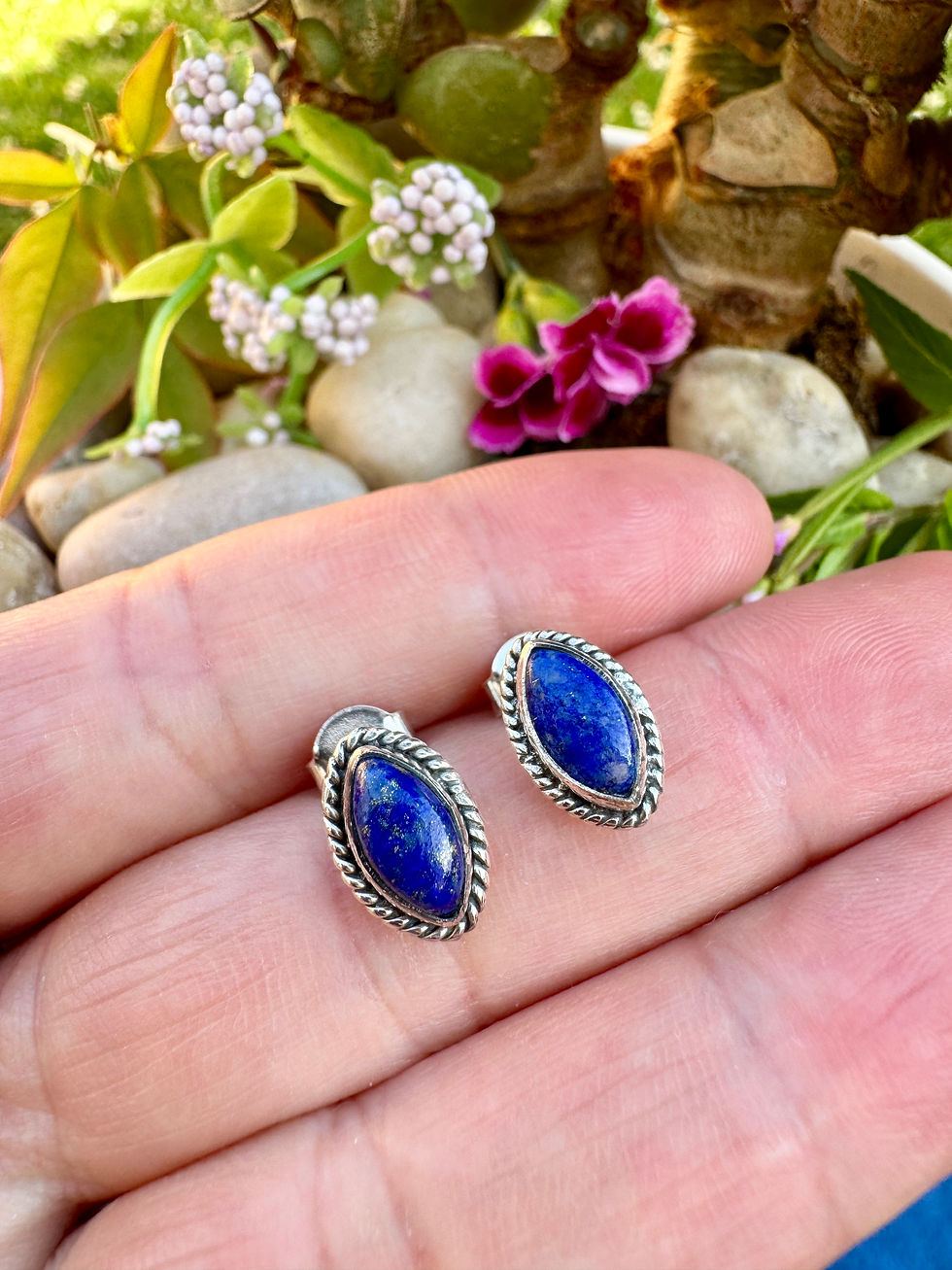 Lapis Lazuli Sterling Silver Stud Earrings,handmade with love, S925