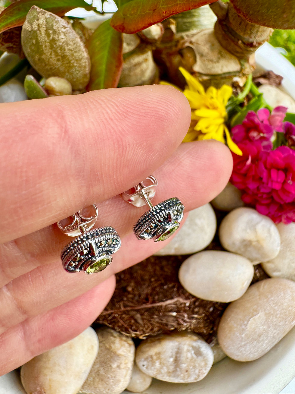 Thumbnail: Peridot Sterling Silver Marcasite Stud Earrings