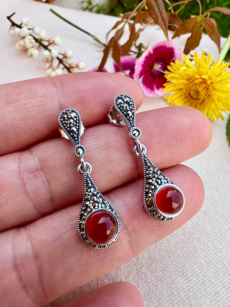 Thumbnail: Red Agate Sterling Silver Marcasite Drop Earrings, lady earrings, gifts for her, fast delivery