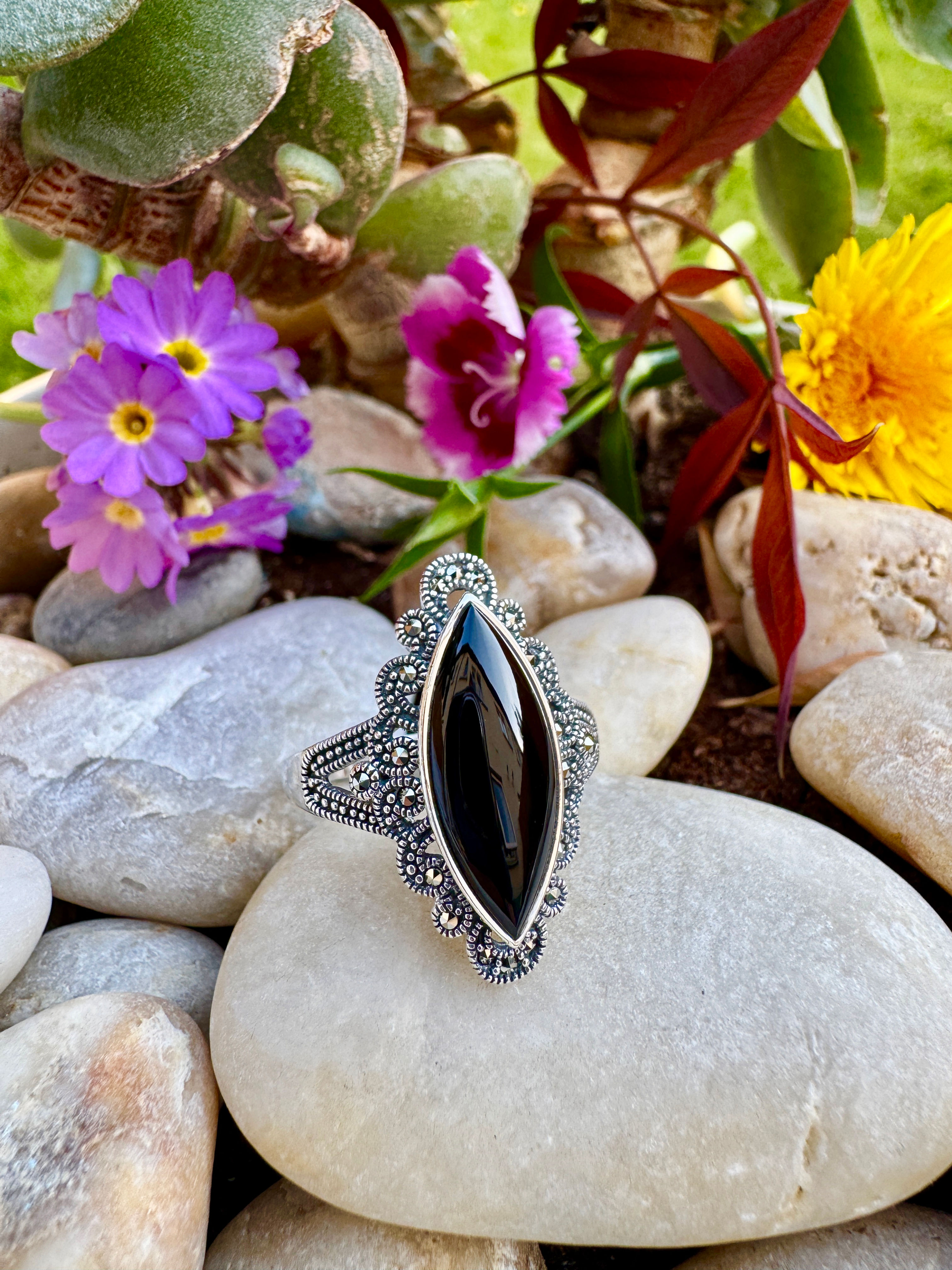 Black Onyx Sterling Silver Marcasite Ring