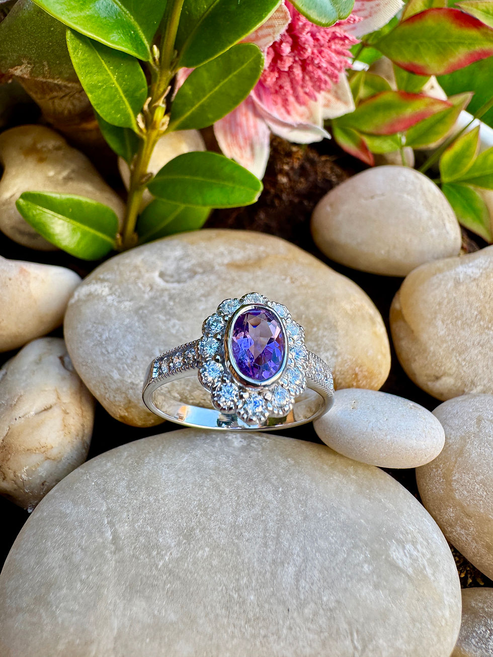 Thumbnail: Brilliant oval cut Brazilian Amethyst halo Sterling Silver Ring
