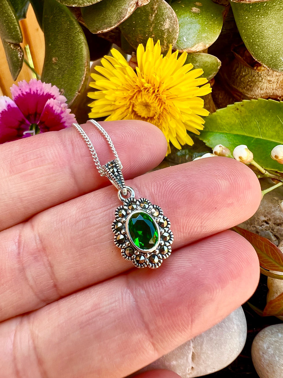 Thumbnail: Created Emerald Silver Marcasite Necklace