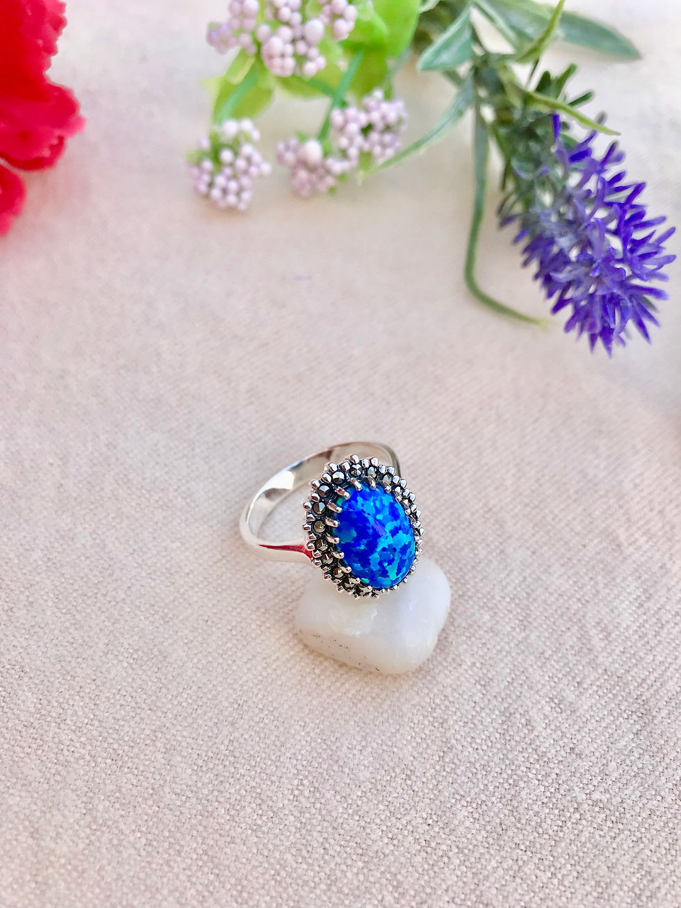 Thumbnail: White Opal Sterling  Silver Marcasite Ring,Gift for her, vintage jewelry, ireland, birthday ring