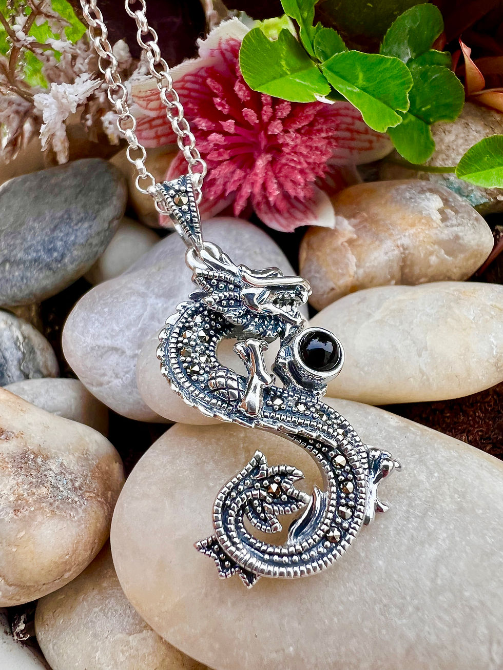 Black Onyx Sterling Silver Marcasite Dragon Necklace,Ireland, Vintage lover. Christmas gifts, handmade,