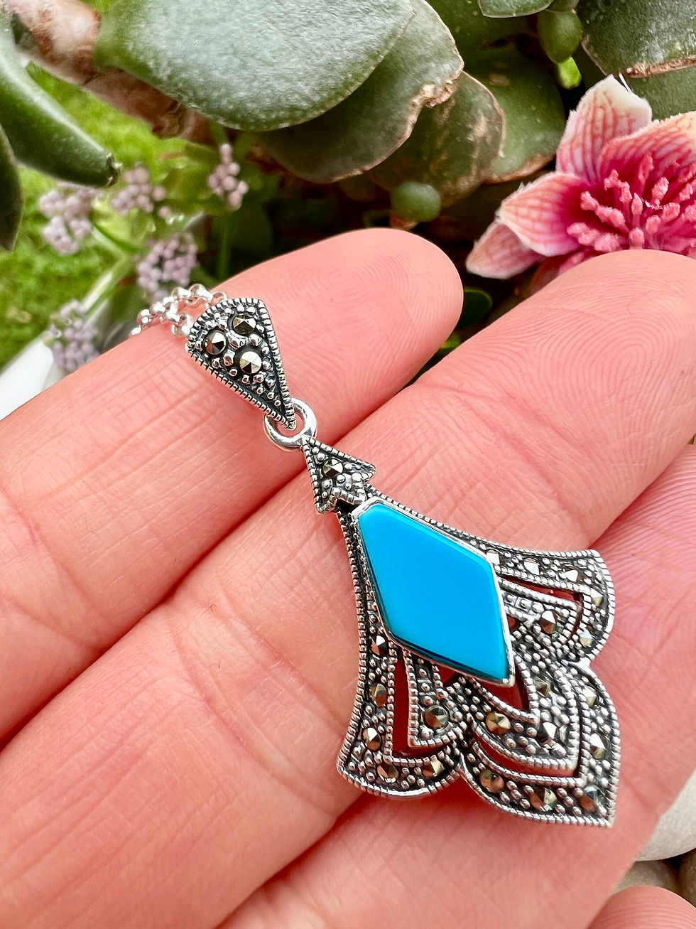 Thumbnail: Turquoise Marcasite Sterling Silver Necklace,925 silver,vintage