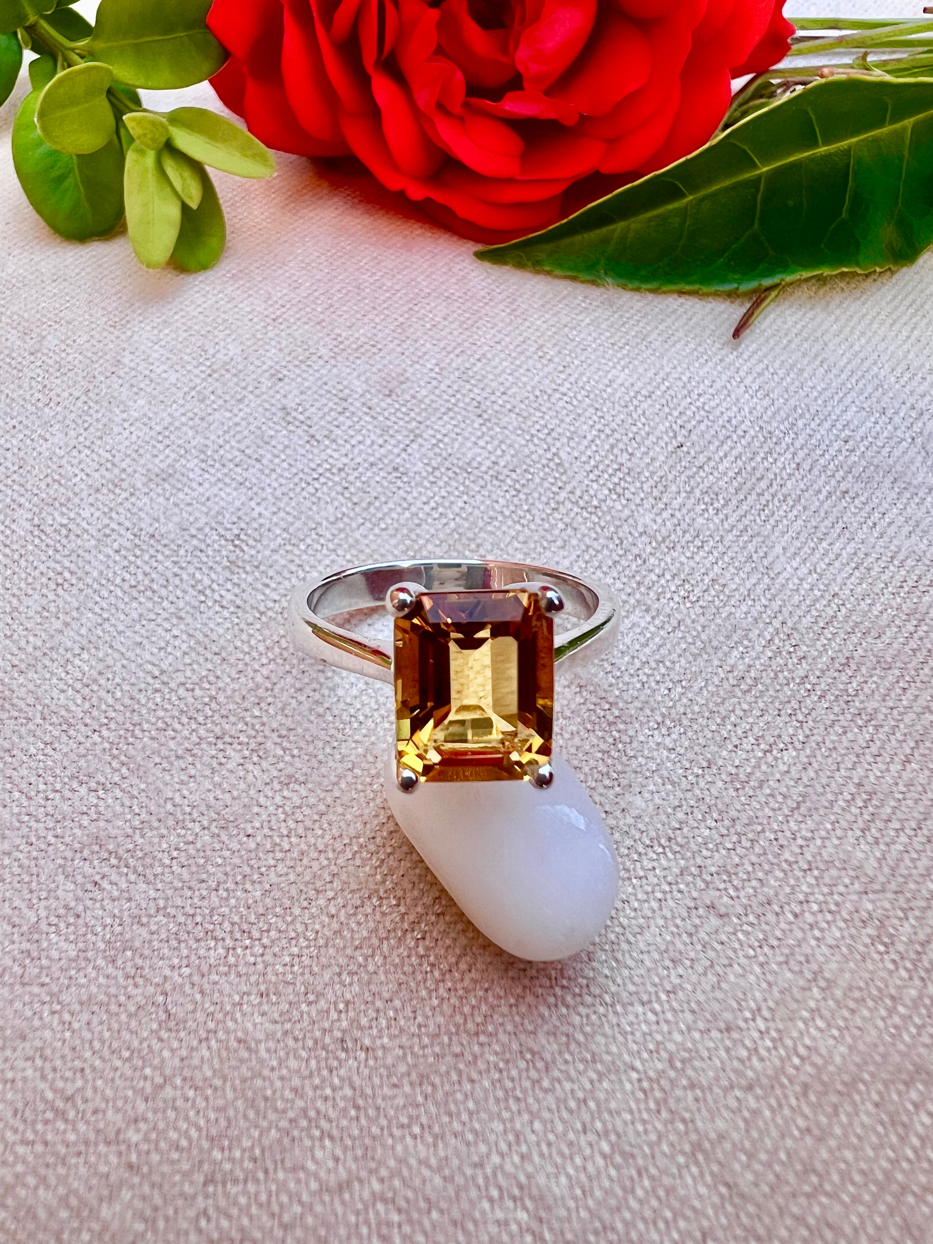 Timeless Emerald Cut Citrine Claw Set Sterling Silver Ring,Ireland, women ring, wedding,birthday