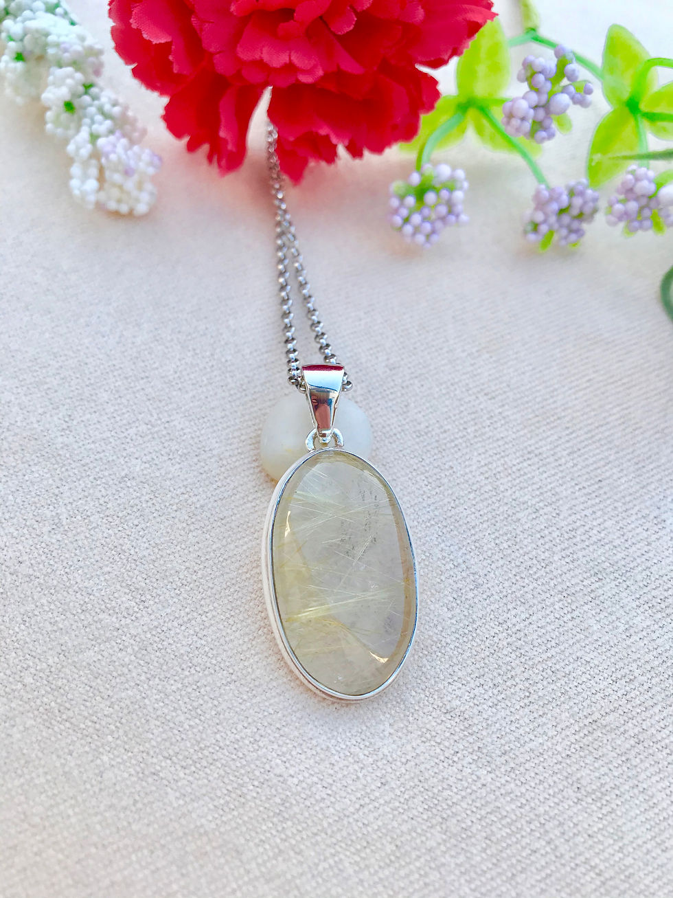 Thumbnail: Golden Rutile Silver Necklace-Oval