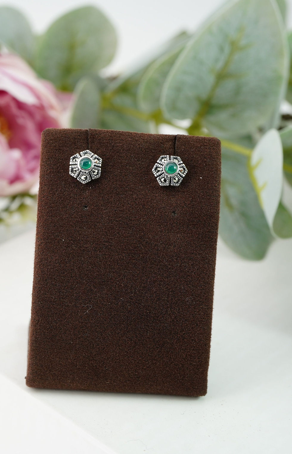 Mini Flower Marcasite Silver studs with Green Onyx