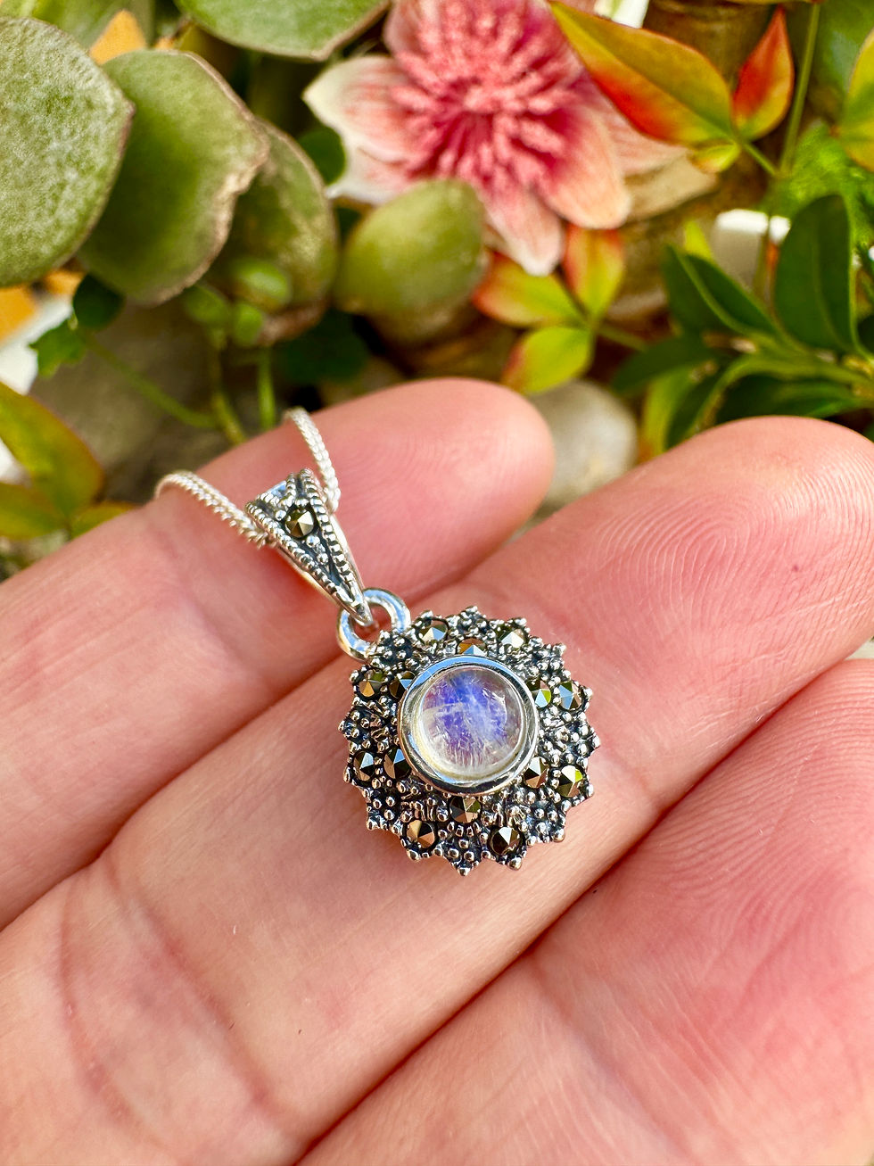 Round Moonstone Marcasite set in Sterling Silver Necklace, gift idea, Irish Business, fast delivery