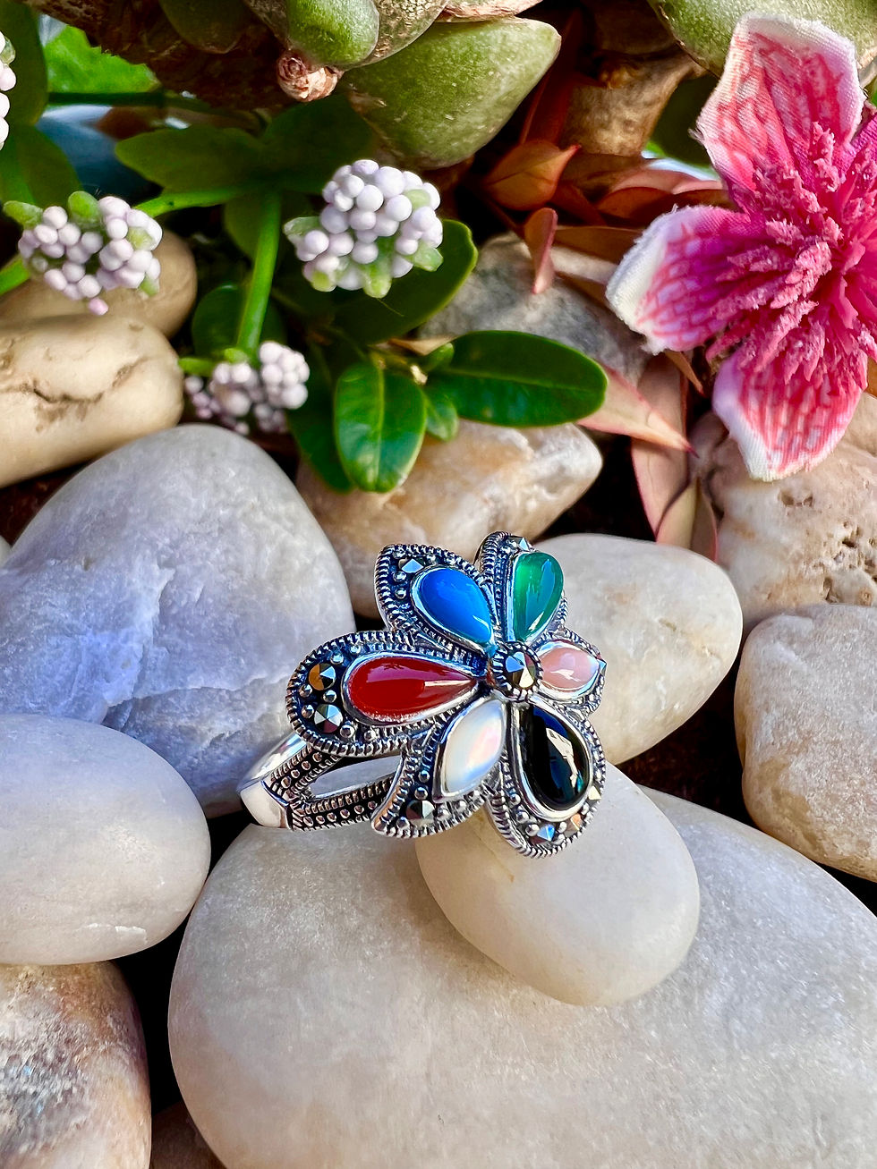 Thumbnail: Multi-Gemstones  Sterling Silver Marcasite Ring