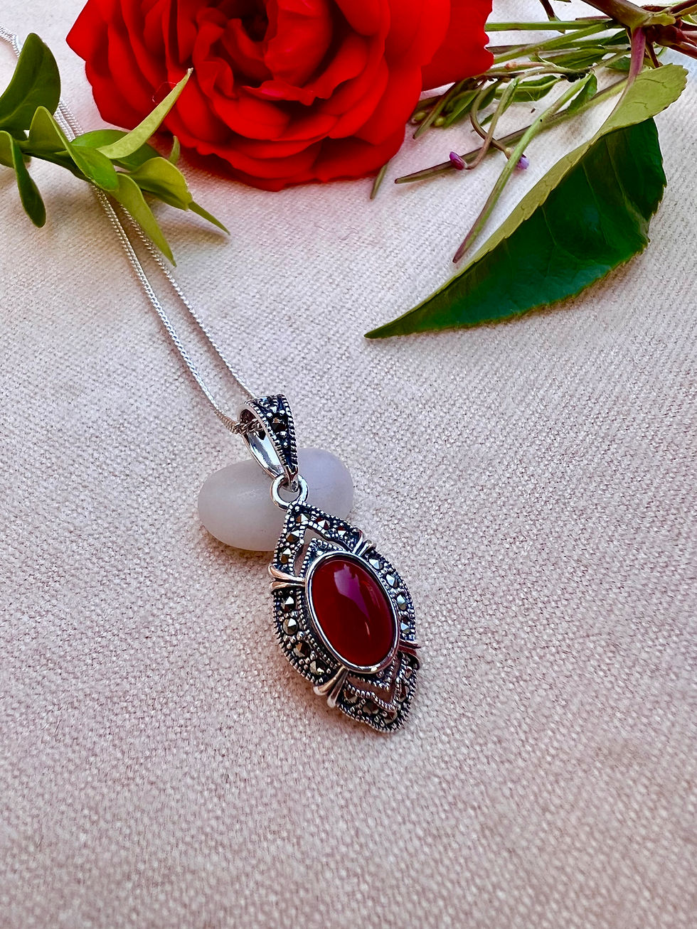 Thumbnail: Vintage Red Agate Sterling Silver Marcasite Necklace,Jewellery, gifts, Ireland, Xmas, SET