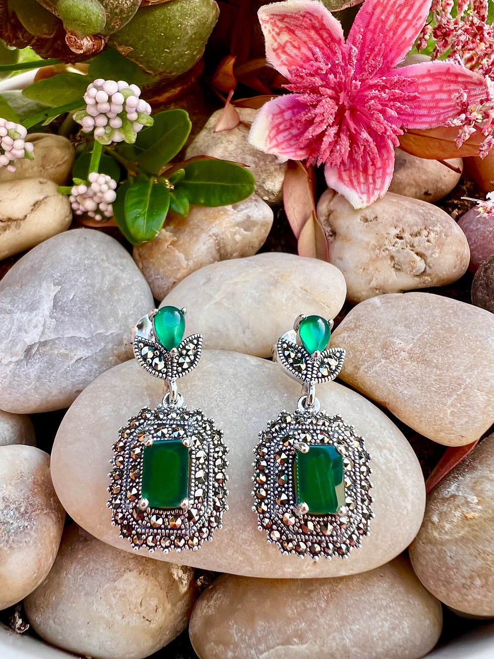 Thumbnail: Green Onyx Sterling Silver Marcasite Earrings
