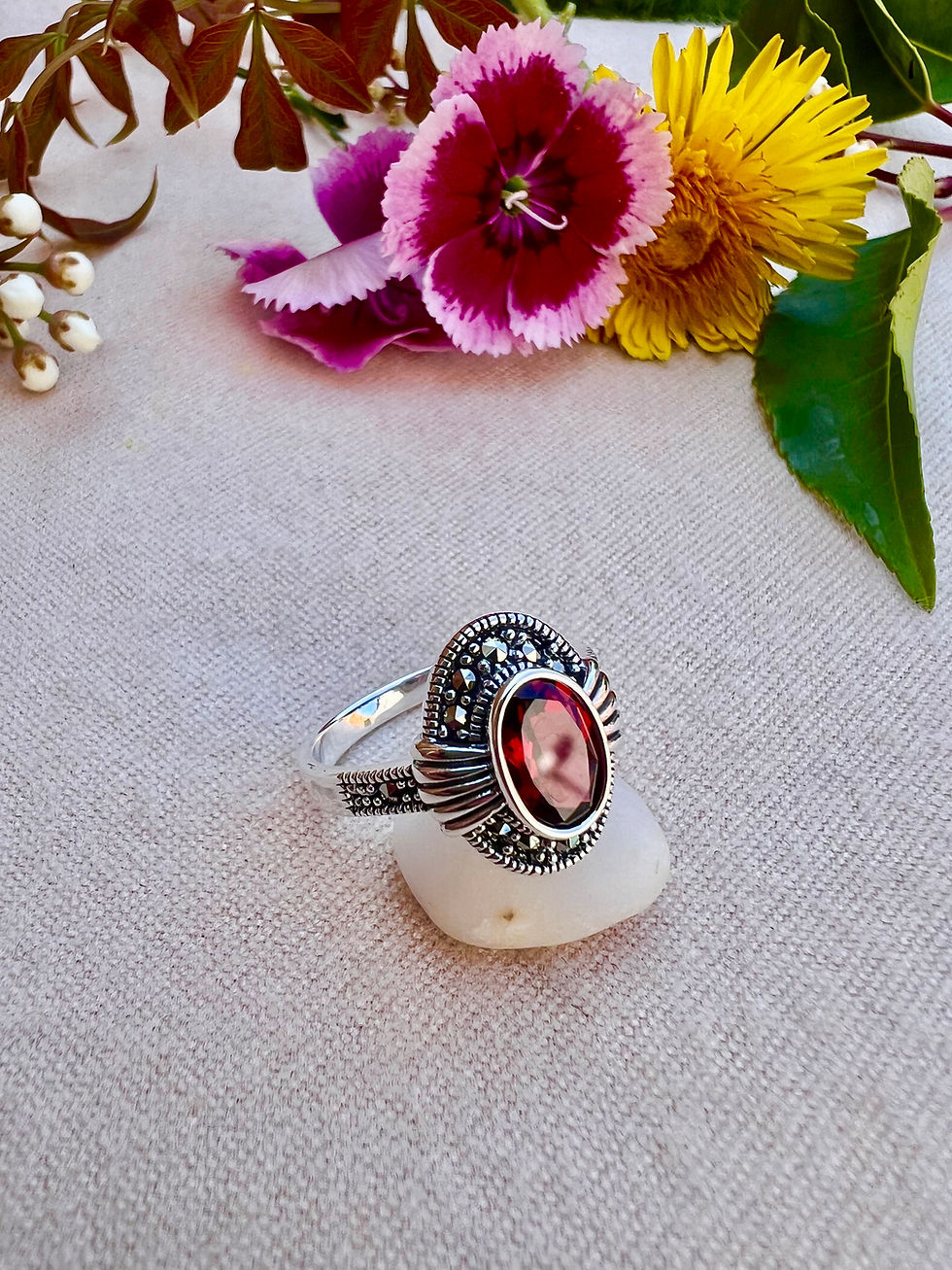 Thumbnail: African Garnet Marcasite Sterling Silver Ring