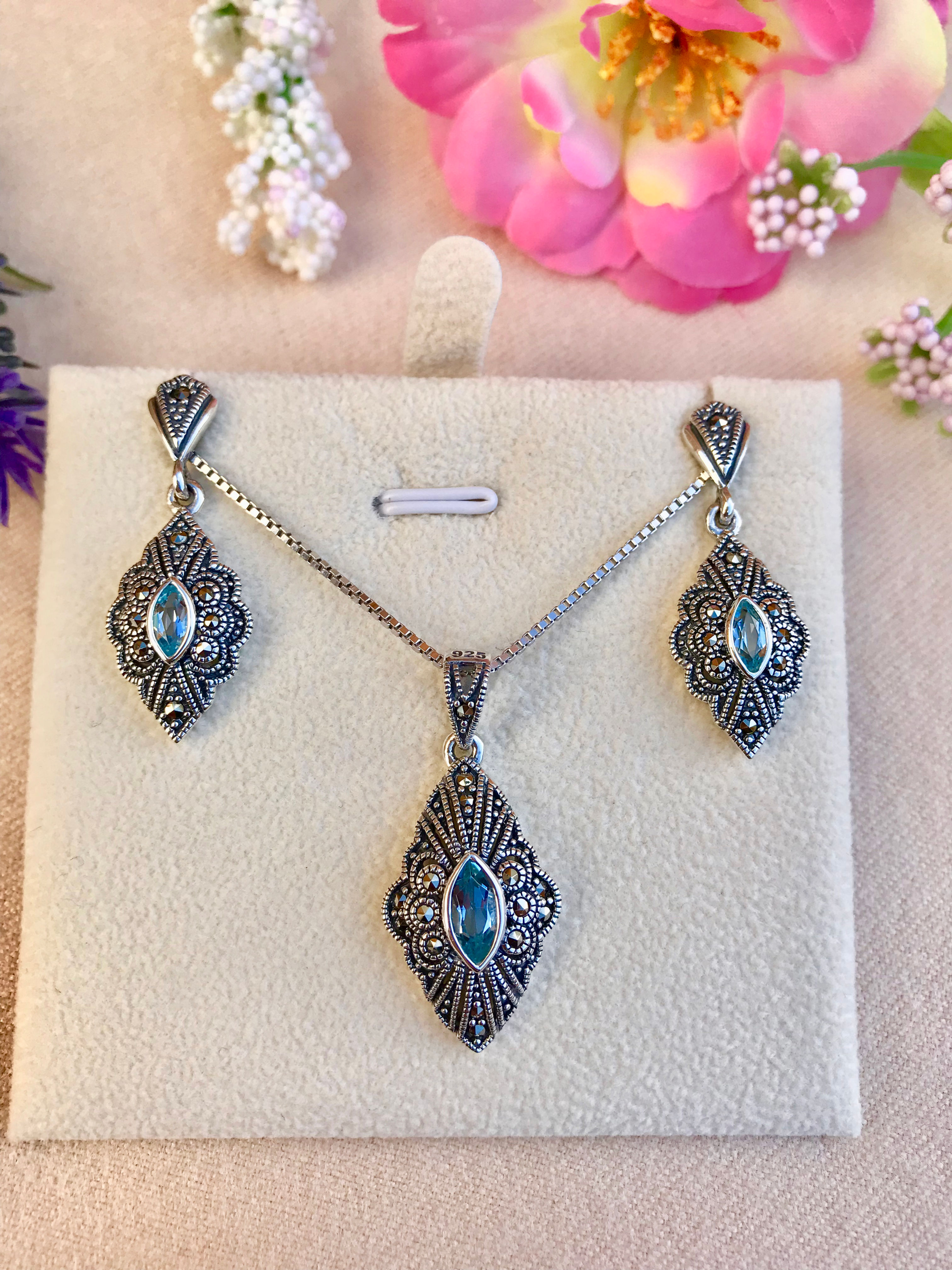 Blue Topaz Marcasite Silver Earrings & Necklace