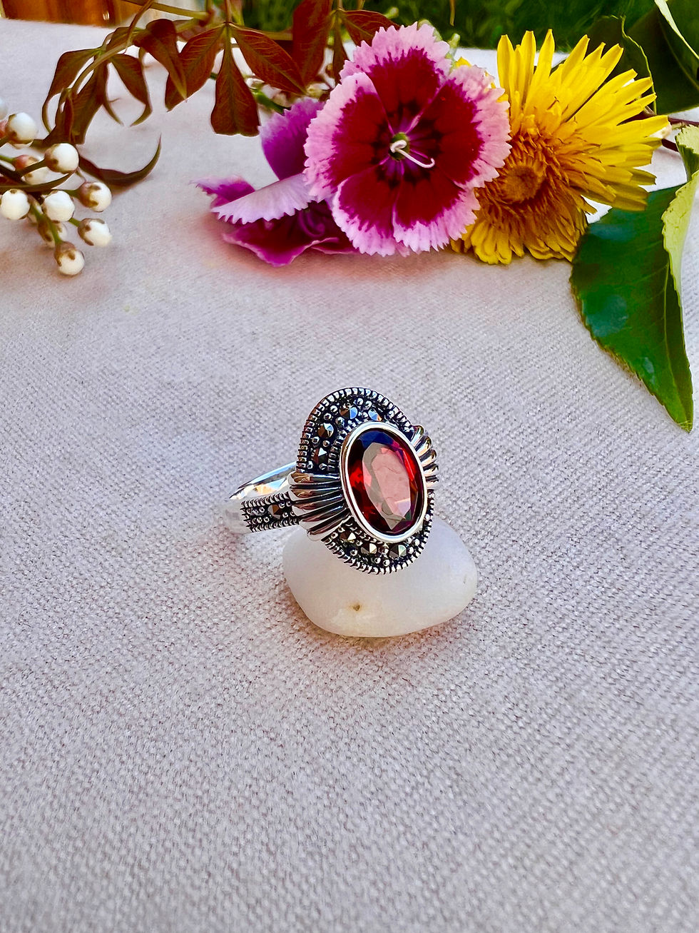 Thumbnail: African Garnet Marcasite Sterling Silver Ring