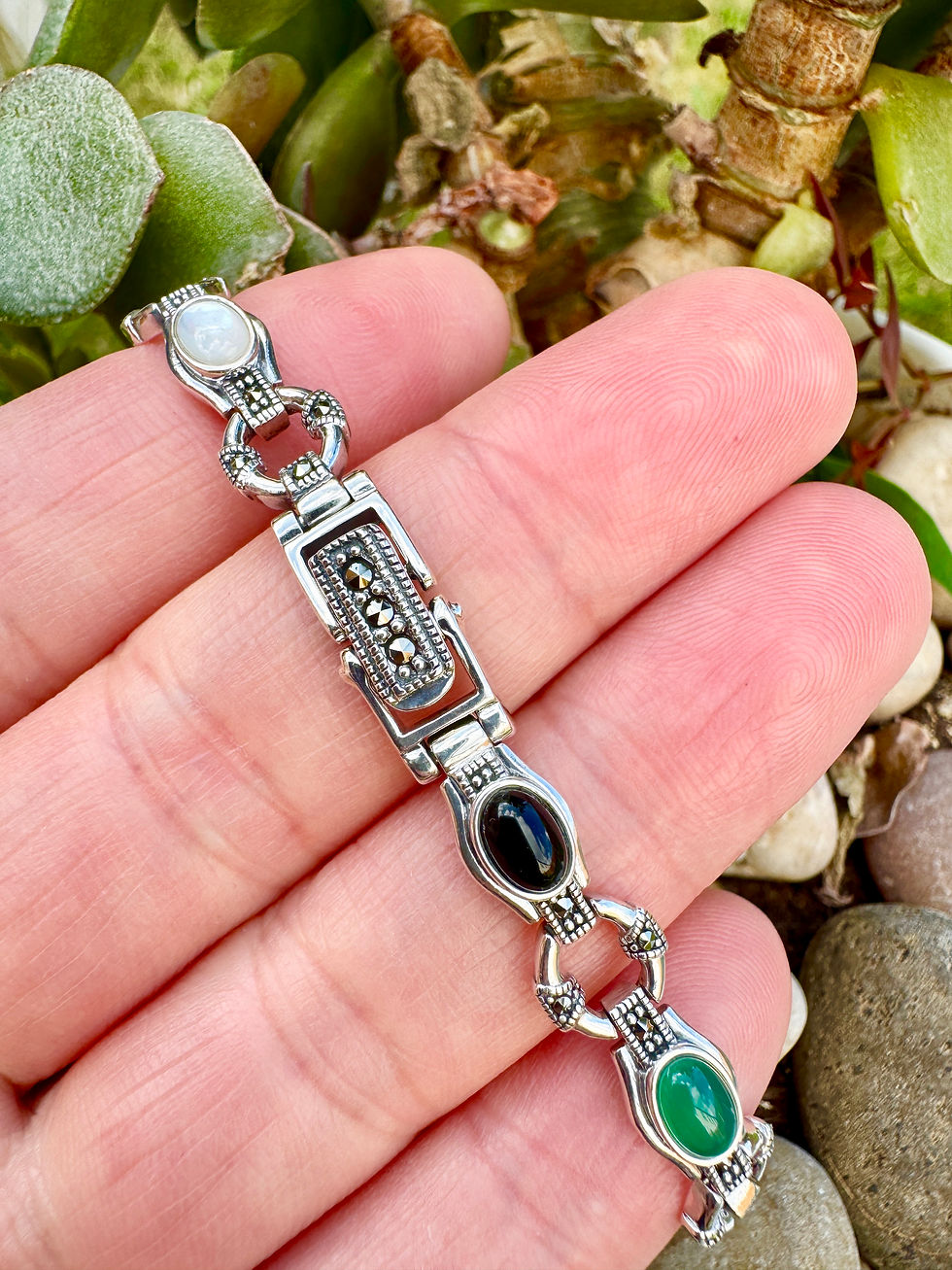 Thumbnail: Mother of Pearl, Pink Mother of Pearl, Black Onyx, Green Onyx, Red Agate, Turquoise, Lapis Marcasite sterling silver bracelet