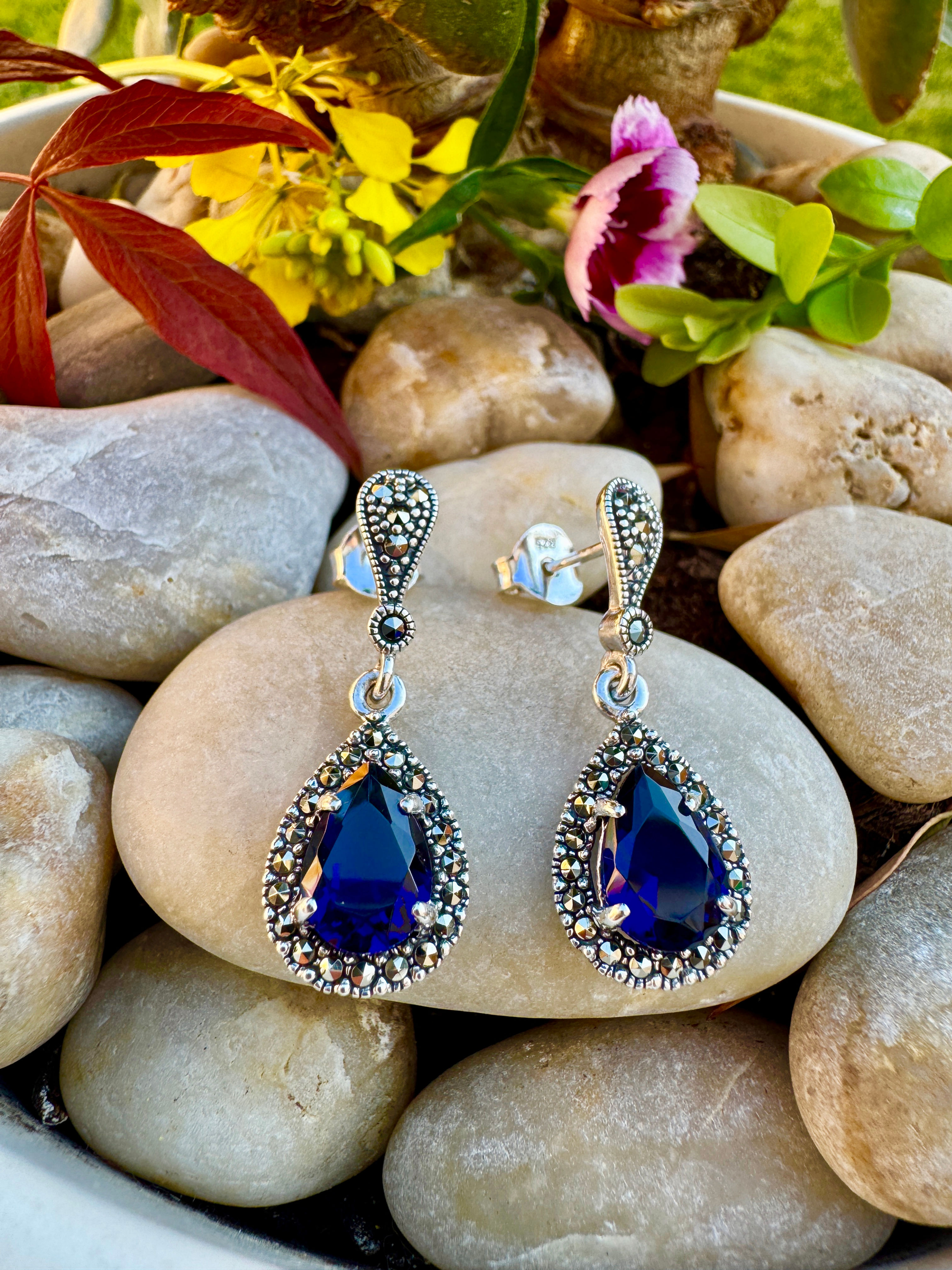 Sapphire Sterling Silver Marcasite Earrings