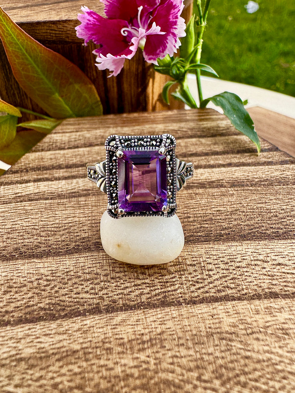 Large Brazilian Amethyst Sterling Silver Marcasite Ring, Vintage marcasite ring