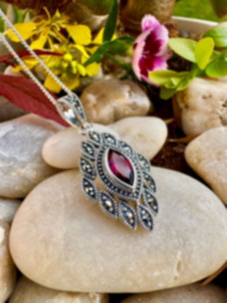 African Garnet Sterling Silver Marcasite Necklace, Jewelry set, January birthstone necklace,Irland