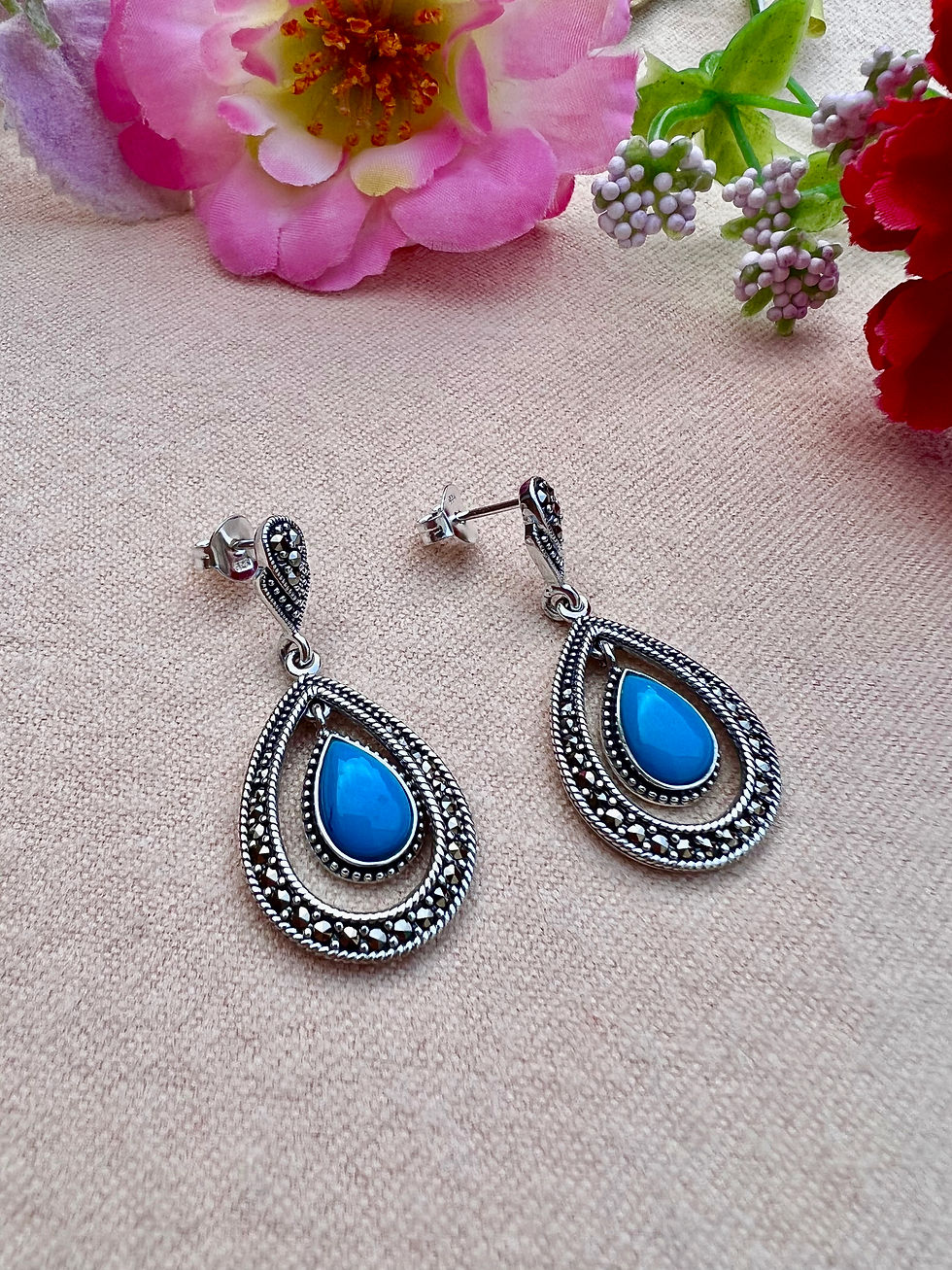 Thumbnail: Statement Turquoise Marcasite Sterling Silver Earrings