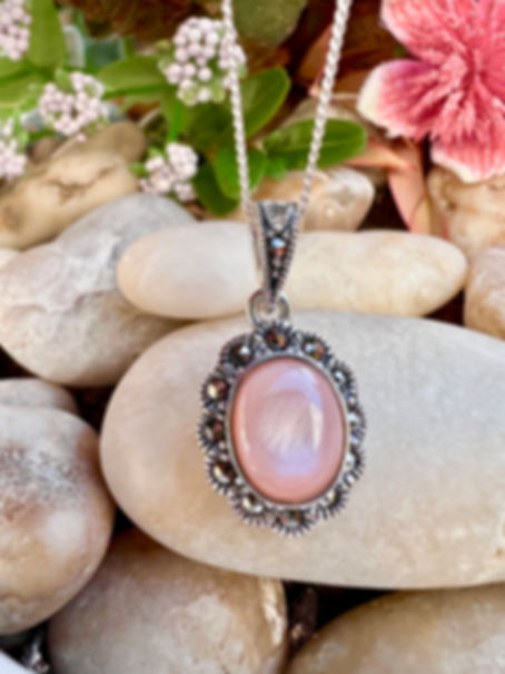 Pink Mother of Pearl  Marcasite Sterling Silver Necklace