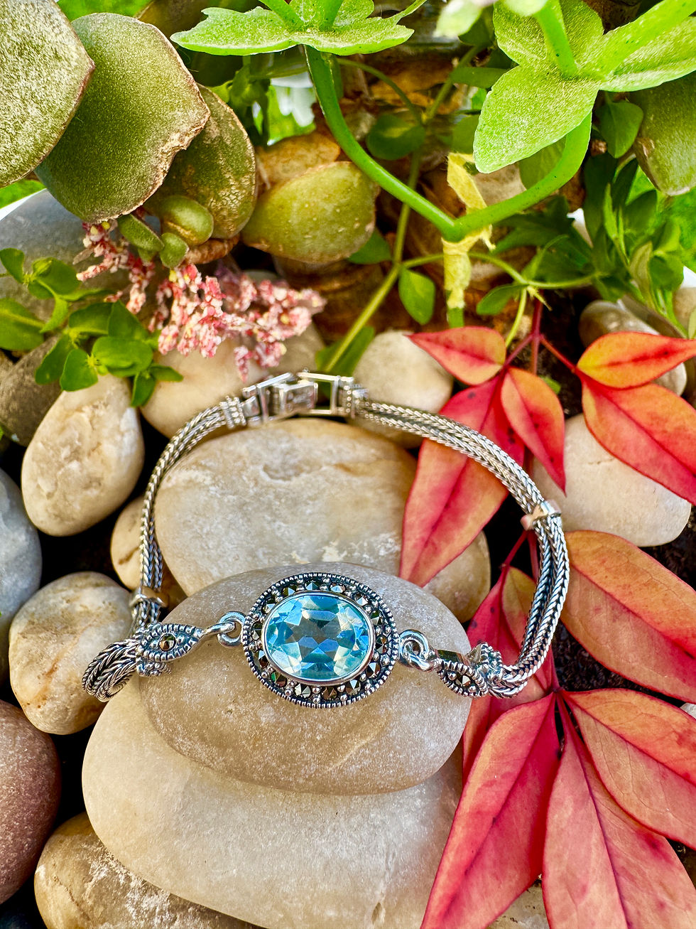 Thumbnail: Blue Topaz(AAAAA) Sterling Silver Marcasite Bracelet,vintage bracelet, wedding, gifts, Irish business , high quality jewl