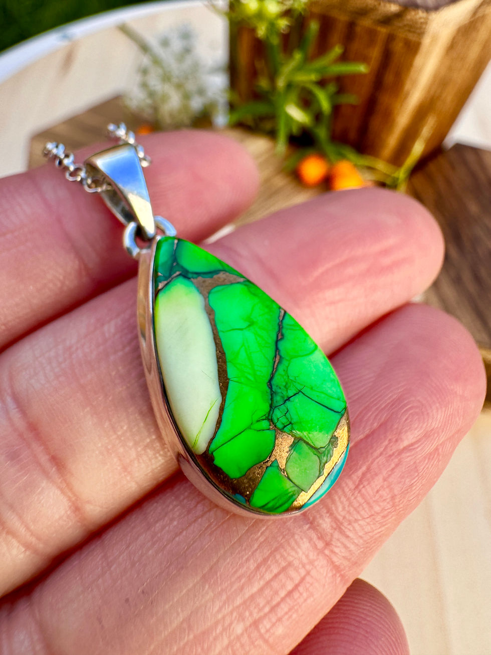 Thumbnail: Peacock Dahlia Turquoise Sterling Silver Necklace