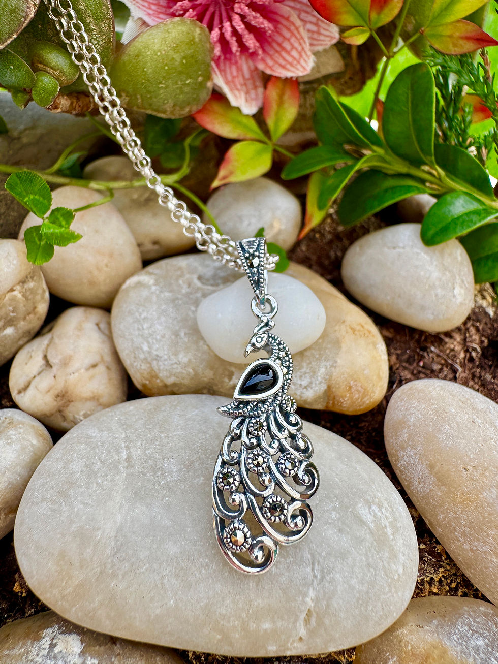 Art Deco Black Onyx Peacock Marcasite Sterling Silver Necklace