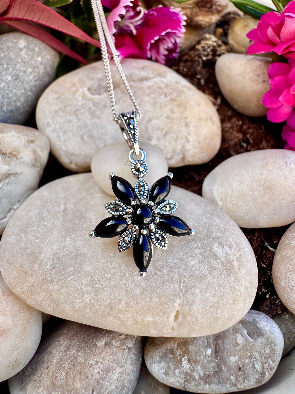 Thumbnail: Black Onyx Flower Petal Sterling Silver Marcasite Necklace
