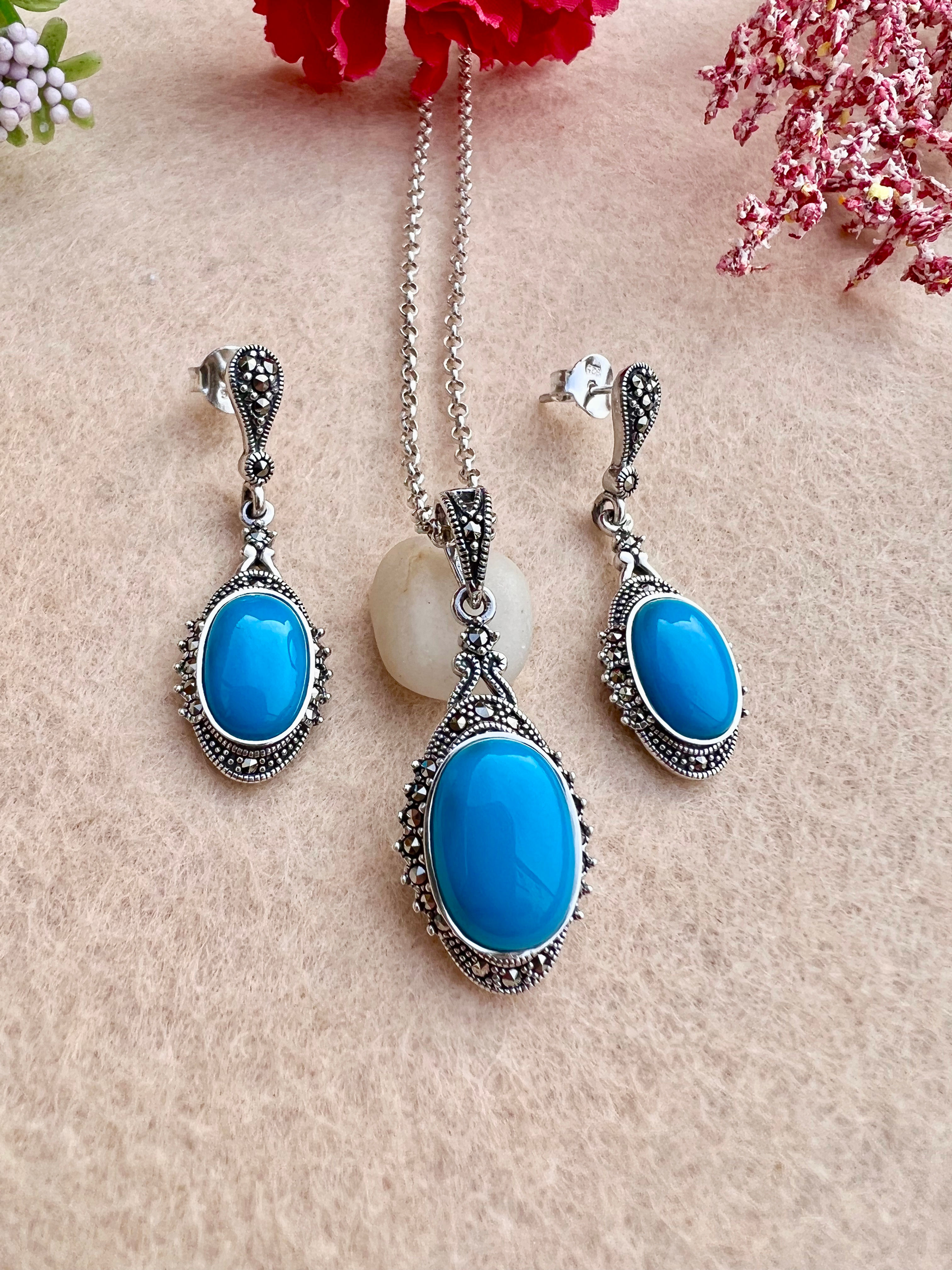 Turquoise & Marcasite Silver Necklace and Earrings SET