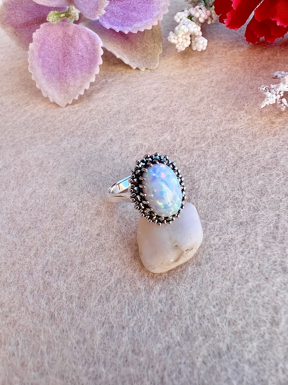 Thumbnail: White Opal Sterling  Silver Marcasite Ring,Gift for her, vintage jewelry, ireland, birthday ring