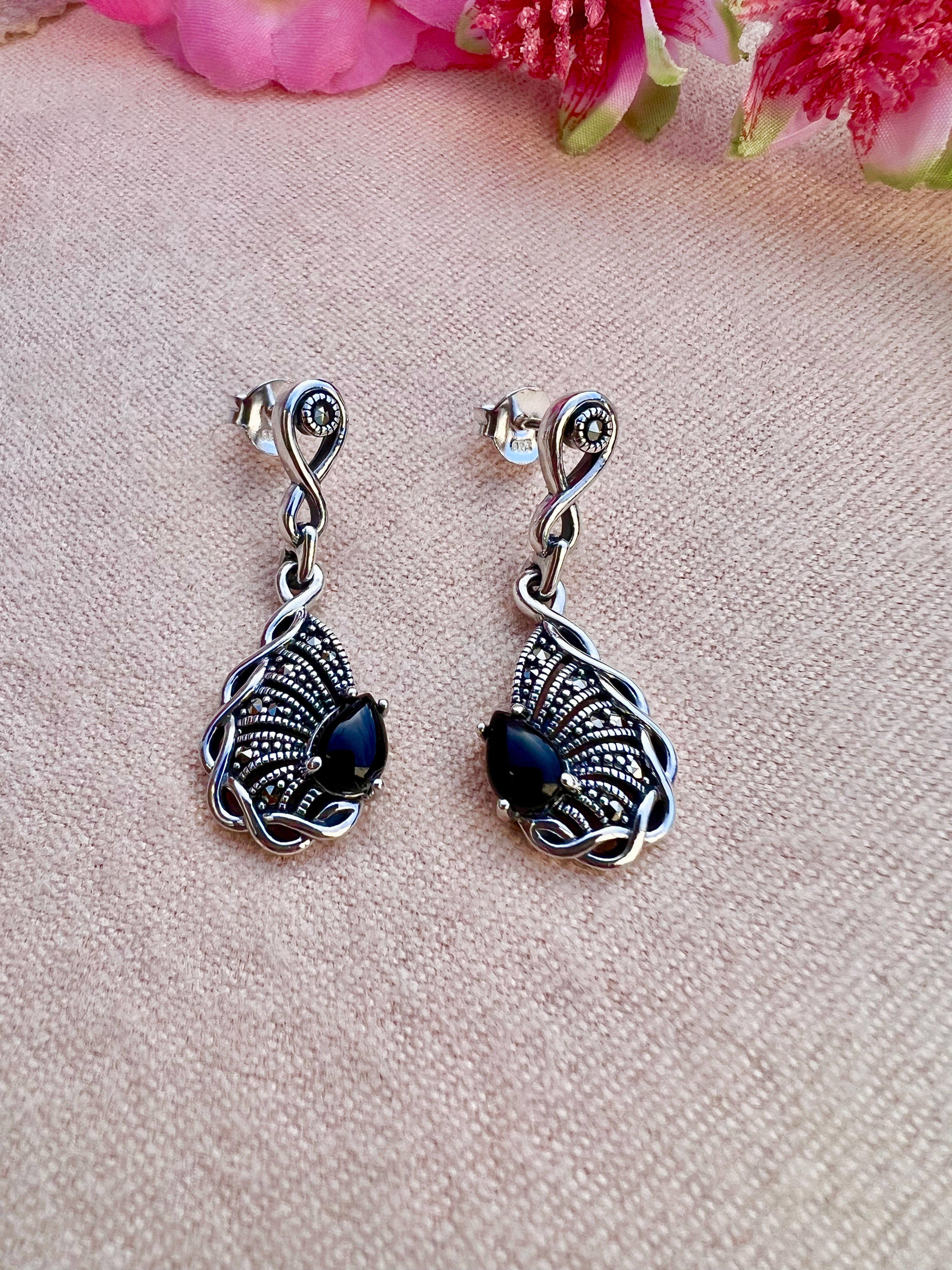 Black Onyx Silver Marcasite Earrings