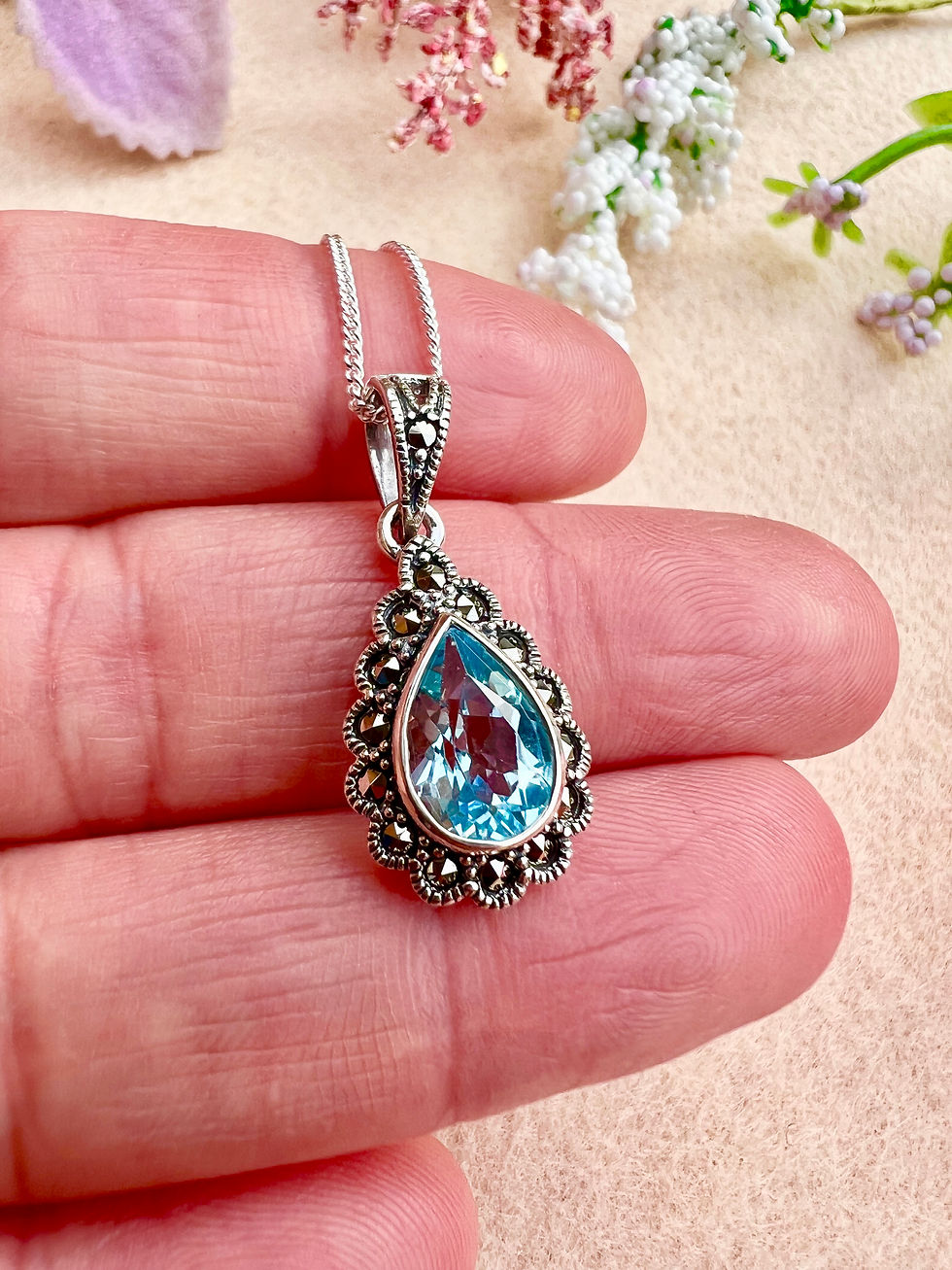 Blue Topaz & Marcasite Sterling Silver Necklace