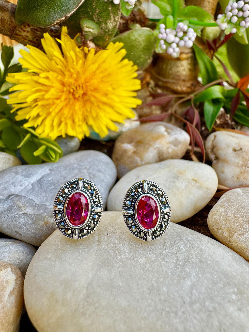 Thumbnail: Women Oval cut Ruby Sterling Silver Marcasite Stud Earrings,Irish marcasite jewllery, gift for her, birthday, Christmas