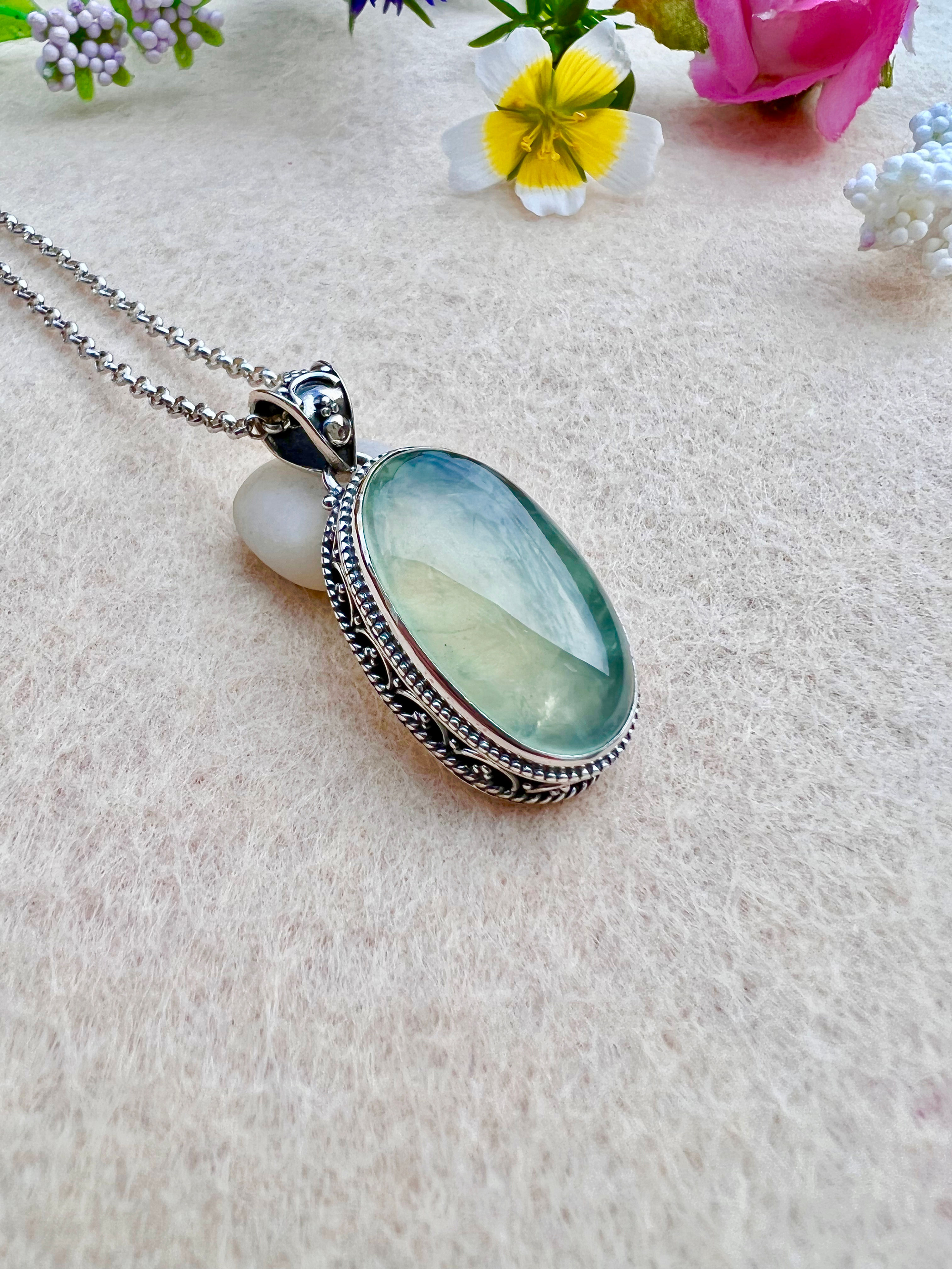 Australian Prehnite set in Silver Necklace