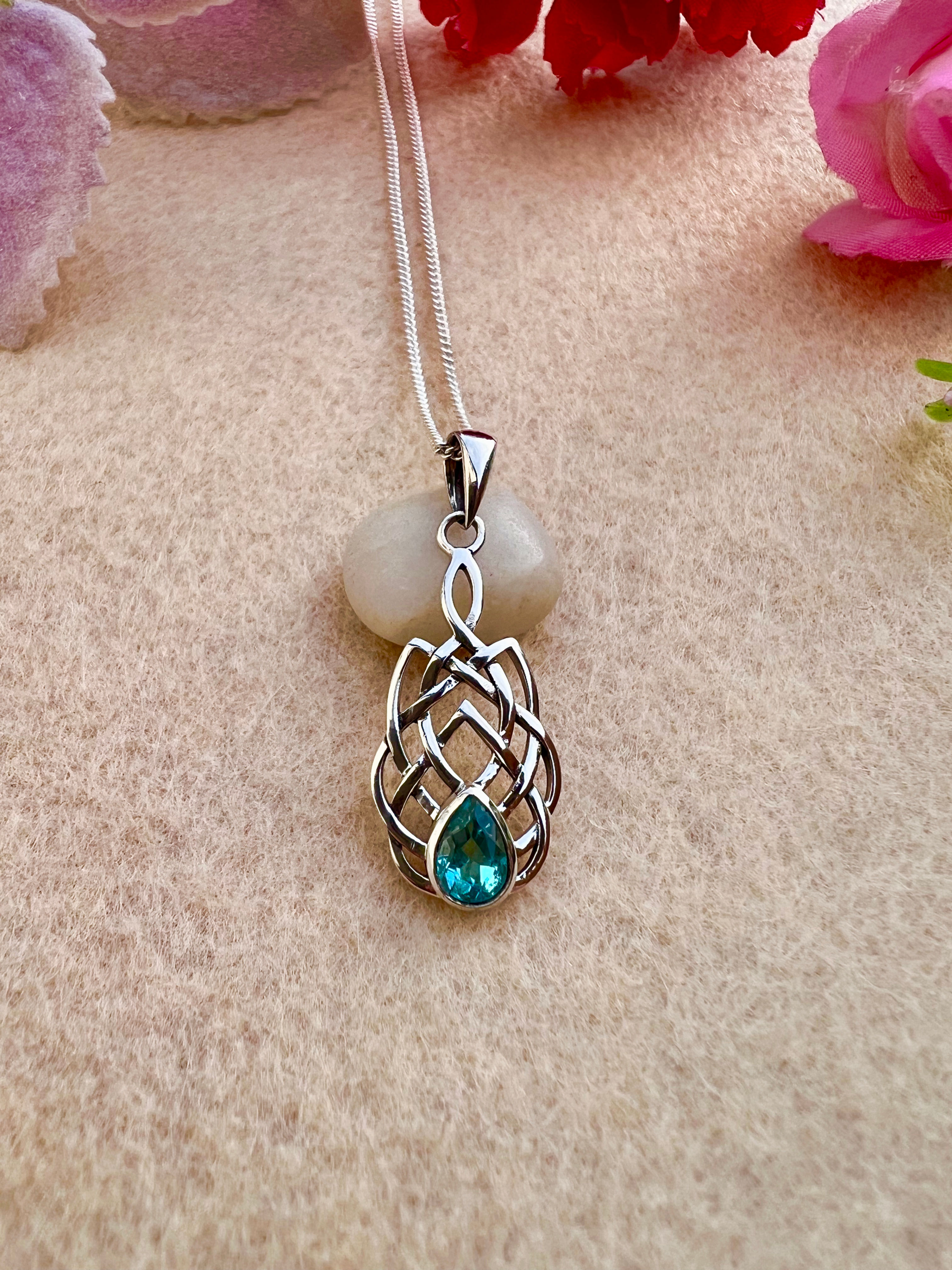 Neon Blue Apatite Celtic Sterling Silver Necklace