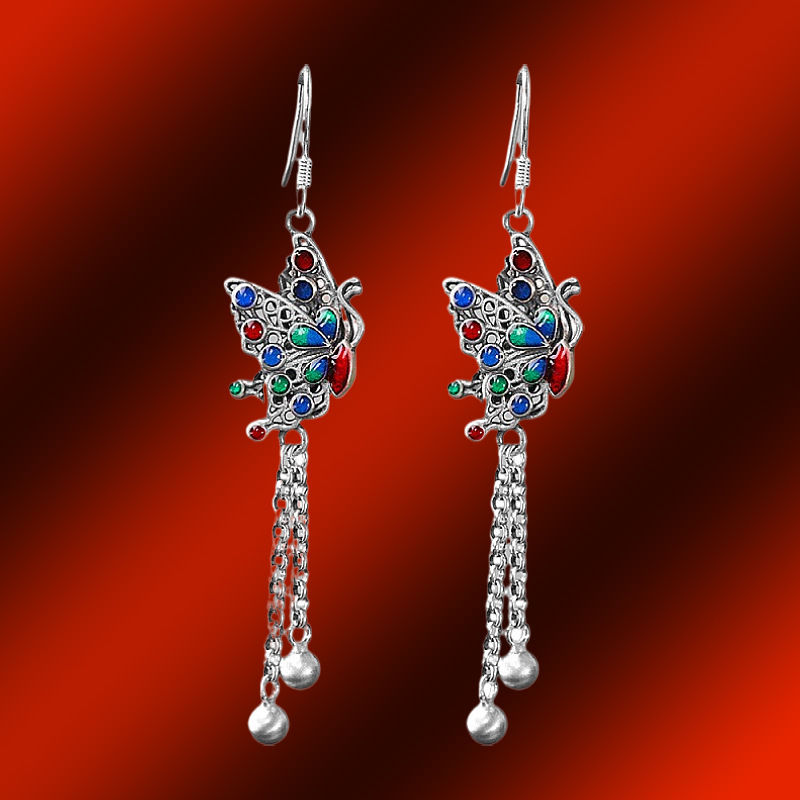 Enamel Butterfly Tassel Sterling Silver Earrings, S925, Handmade, Xmas gift, dangling earrings, women gifts