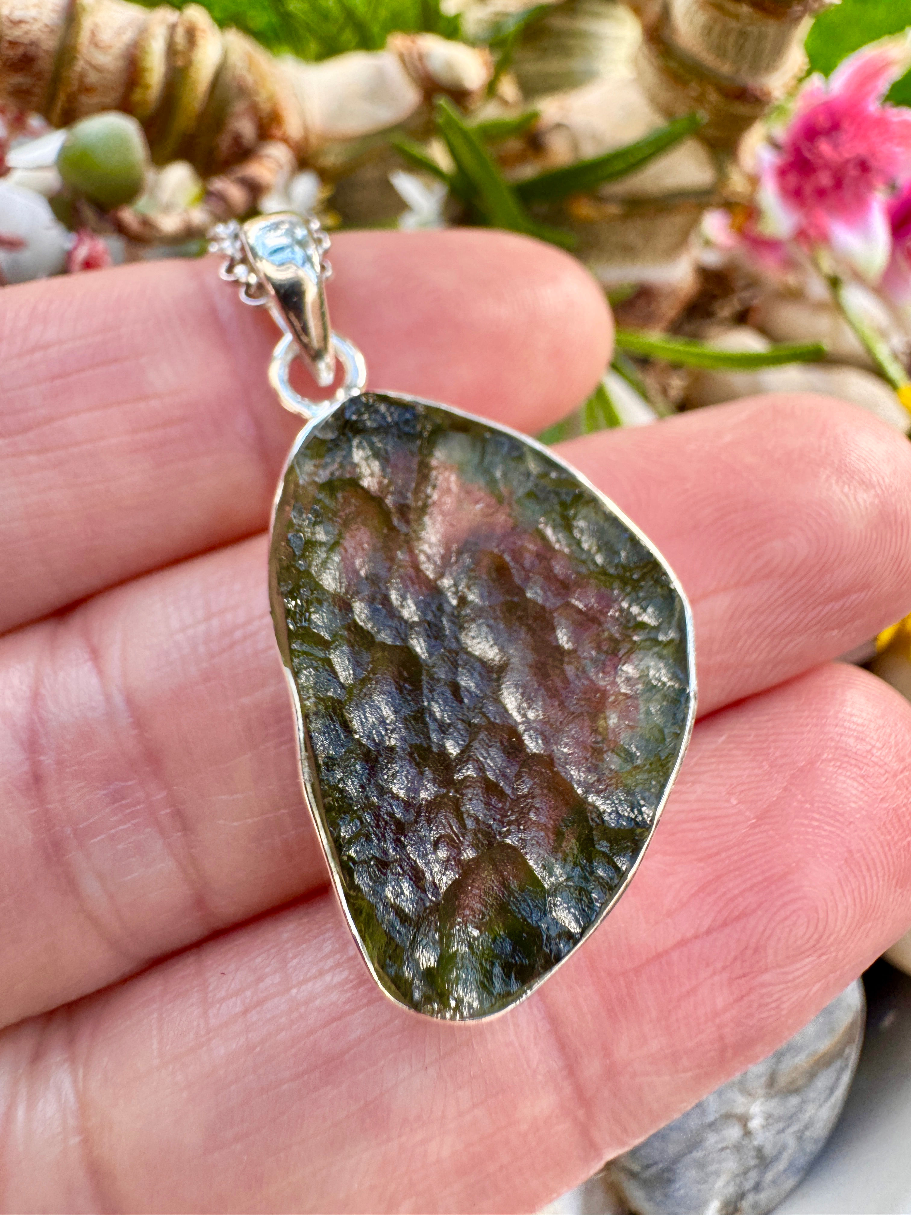 Genuine Large Moldavite Sterling Silver Necklace