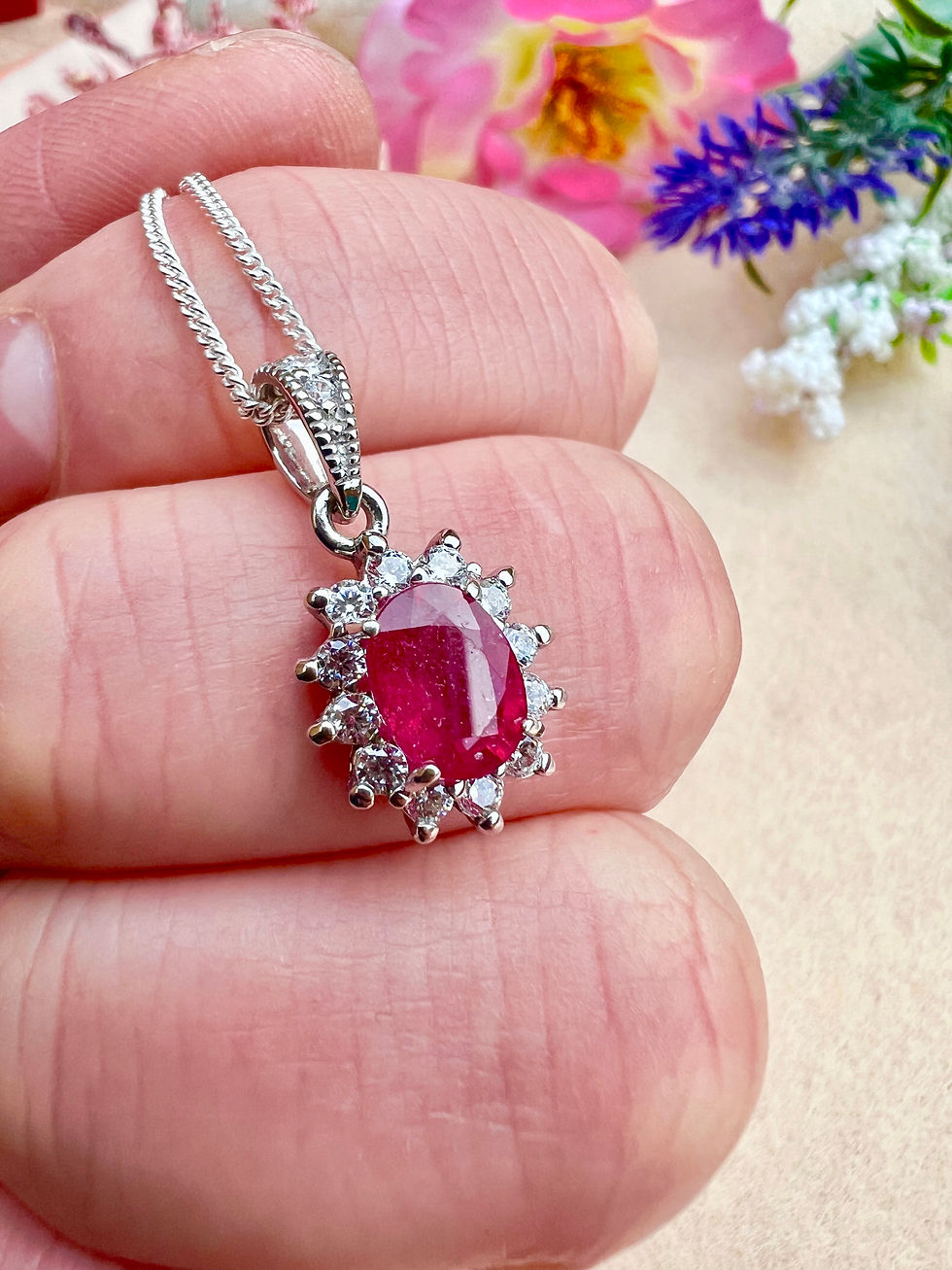 Thumbnail: Burmese Ruby Halo Silver Necklace