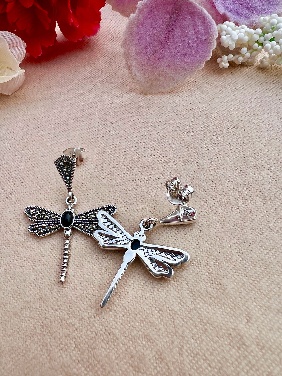 Thumbnail: Black Onyx Silver Marcasite Dragonfly Earrings
