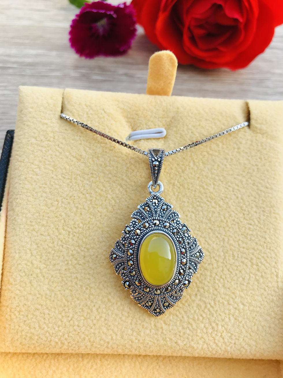 Thumbnail: Yellow Agate Marcasite Sterling Silver Necklace