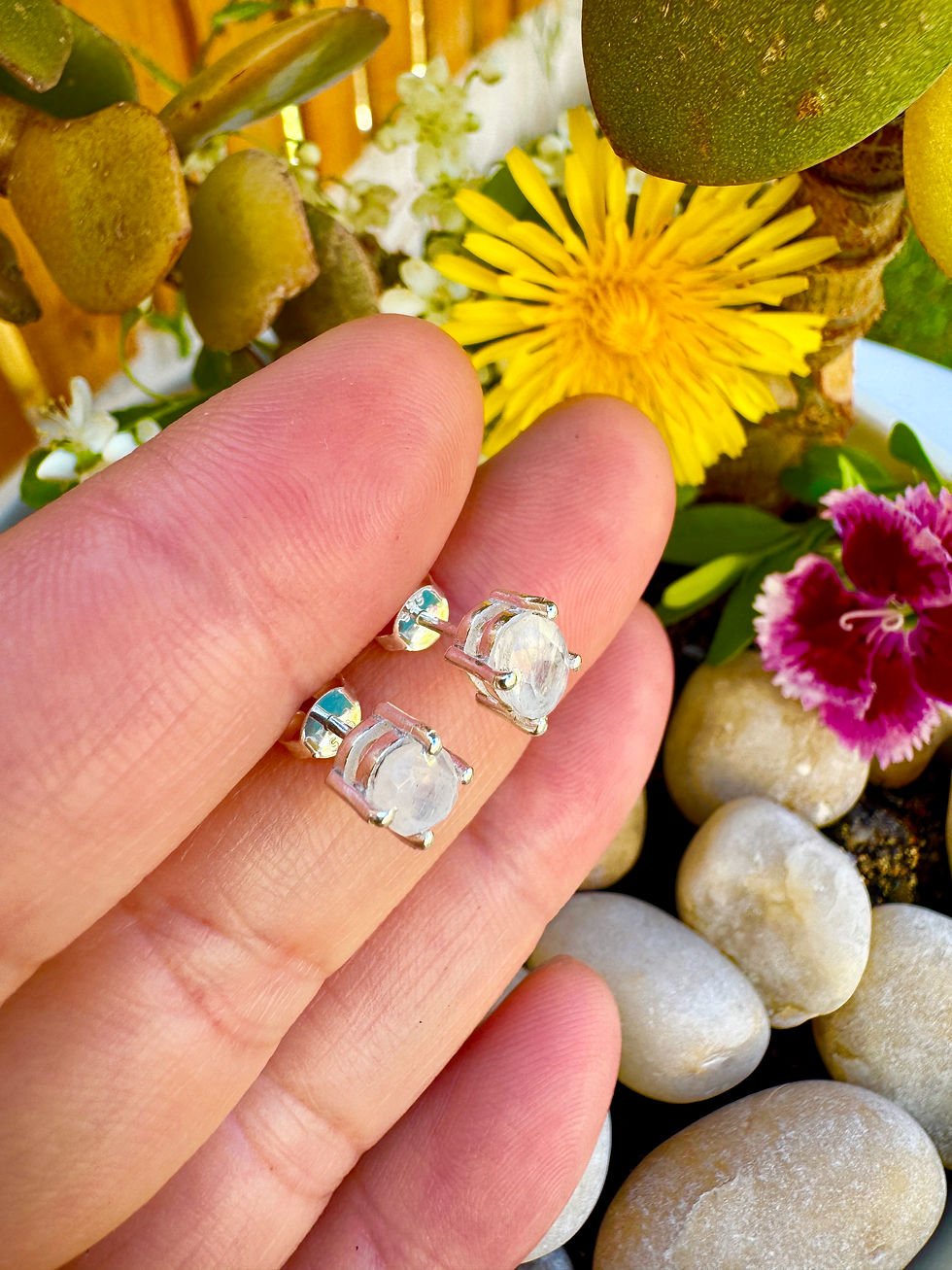 Thumbnail: Rainbow Moonstone Sterling Silver Stud Earrings