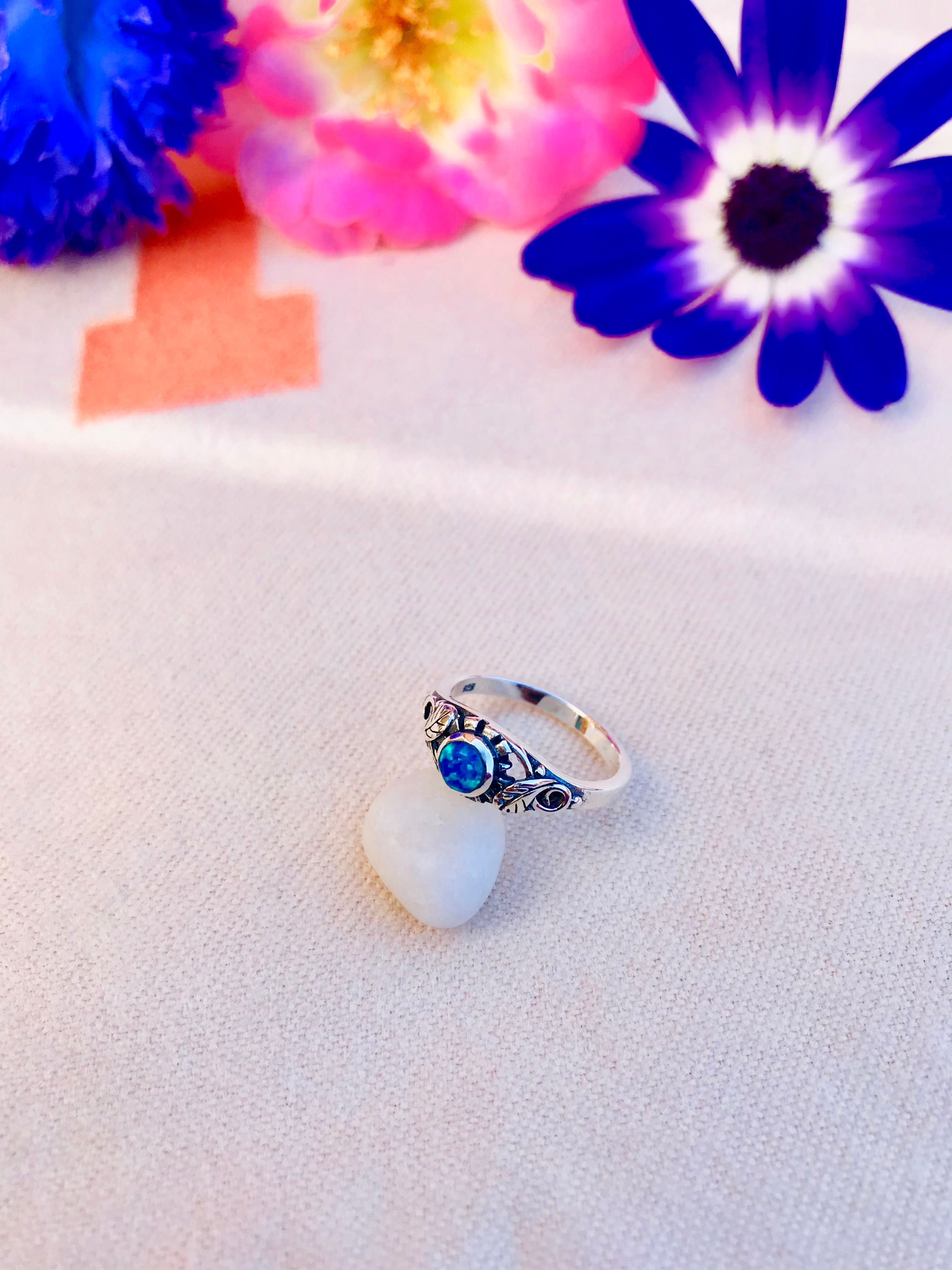 Blue Opal Vine Leaves Silver Ring