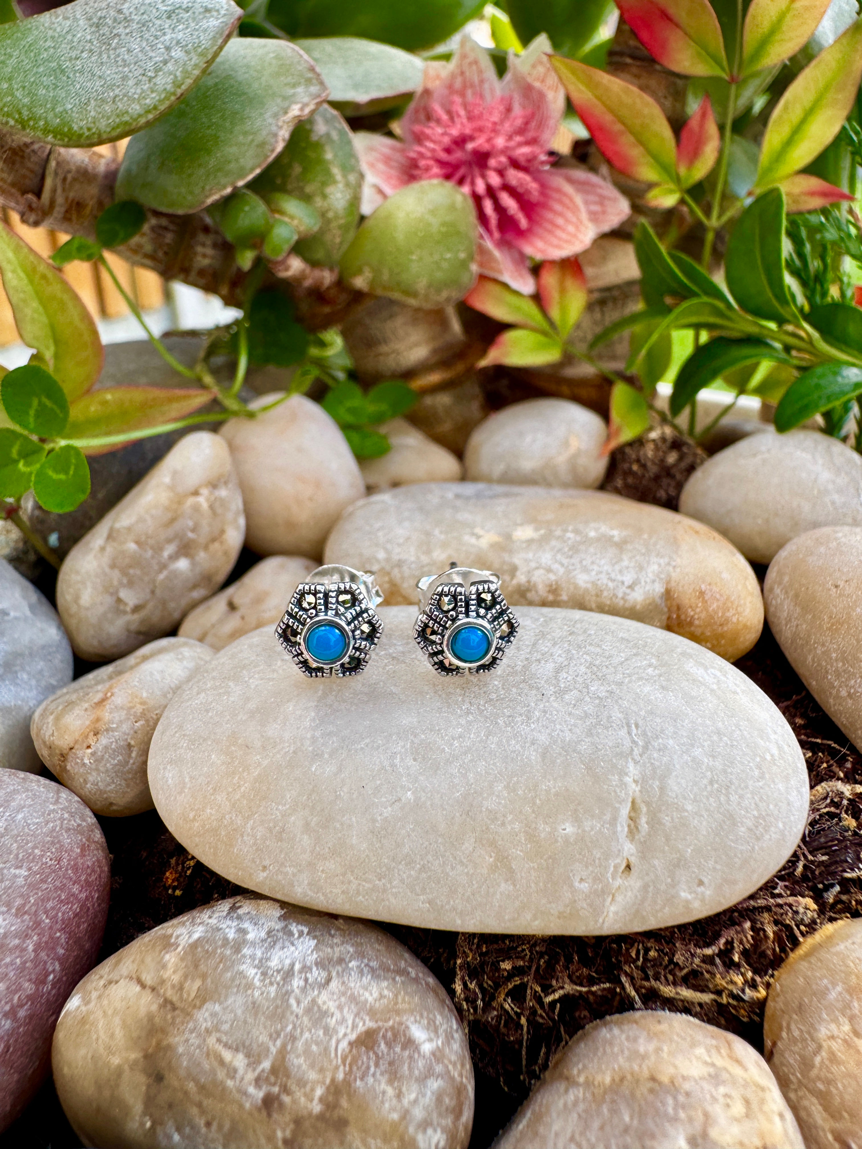 Mini Flower Turquoise Silver Marcasite Stud Earrings