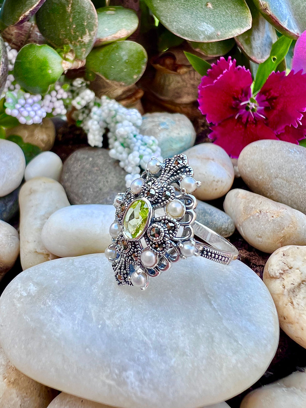 Thumbnail: Art Deco Peridot & Pearls Silver Marcasite Ring